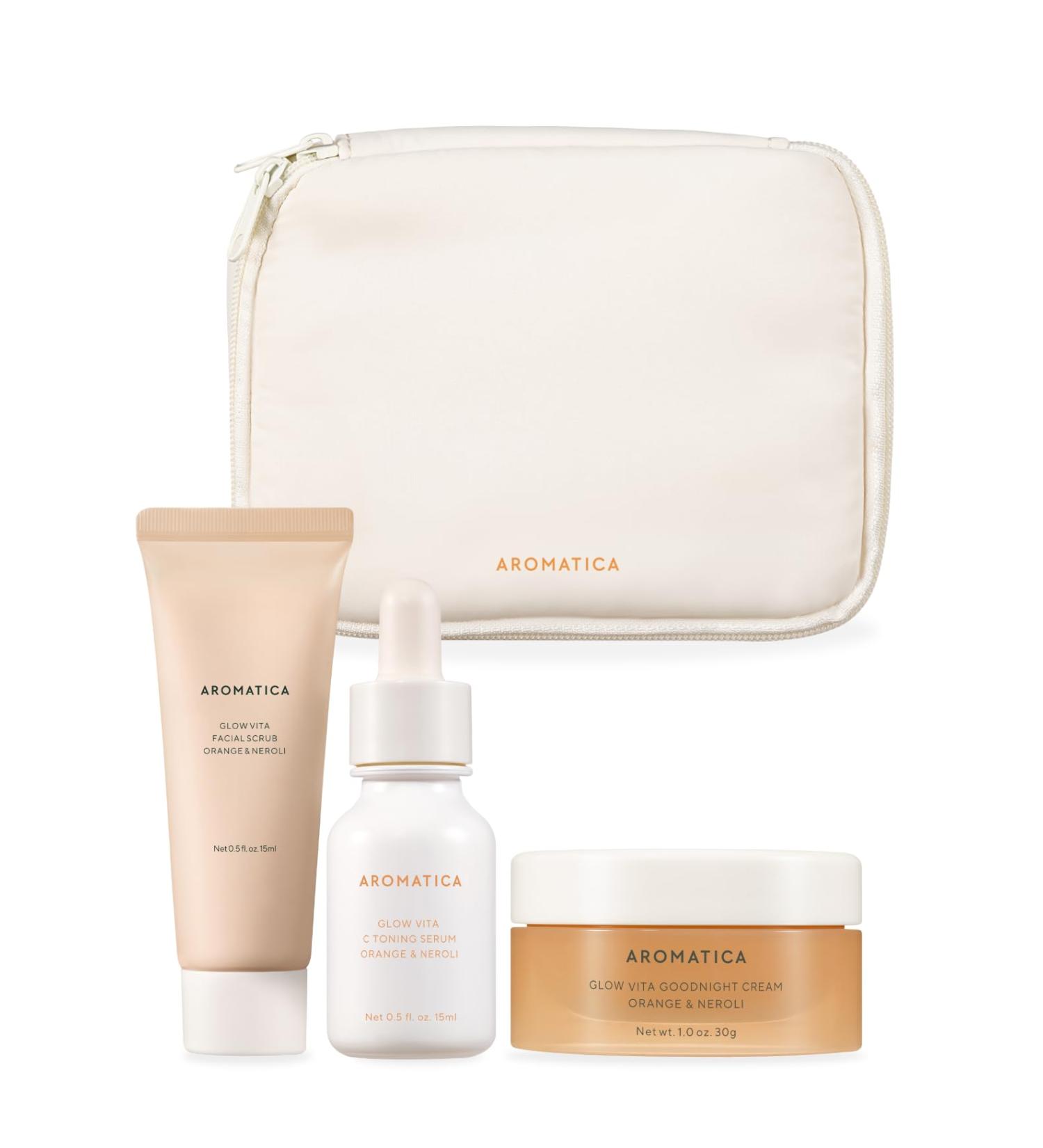 AROMATICA Glow Vita Trial Kit - Travel Size Vitamin C Serum Facial Scrub & Retinol Goodnight Cream - Perfect Gift Set for Radiant Glass Skin - Buy Online on GoSupps.com