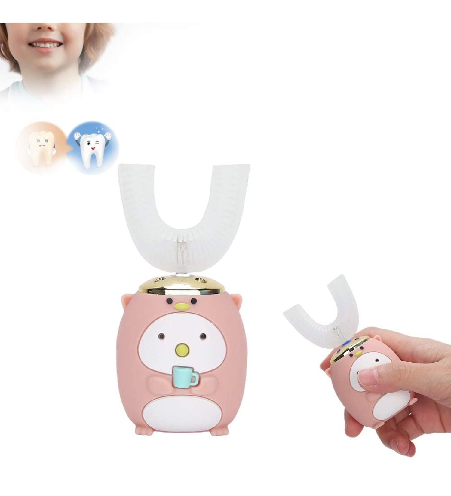 U-Shaped Electric Children's Toothbrush - Automatic IPX7 Soft Pebble Head for Ages 2-3 - Pink - Buy Online on GoSupps.com