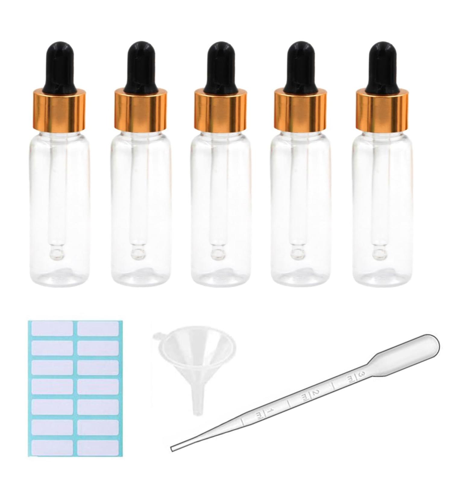5Pcs Transparent Dropper Bottle 20ML Plastic Eye Dropper Bottles for Essential Oil Pipette Refillable - with Measured Pipette Funnel and Labels (Black + Gold Cap) 20ml Black + Gold Cap - Buy Online on GoSupps.com