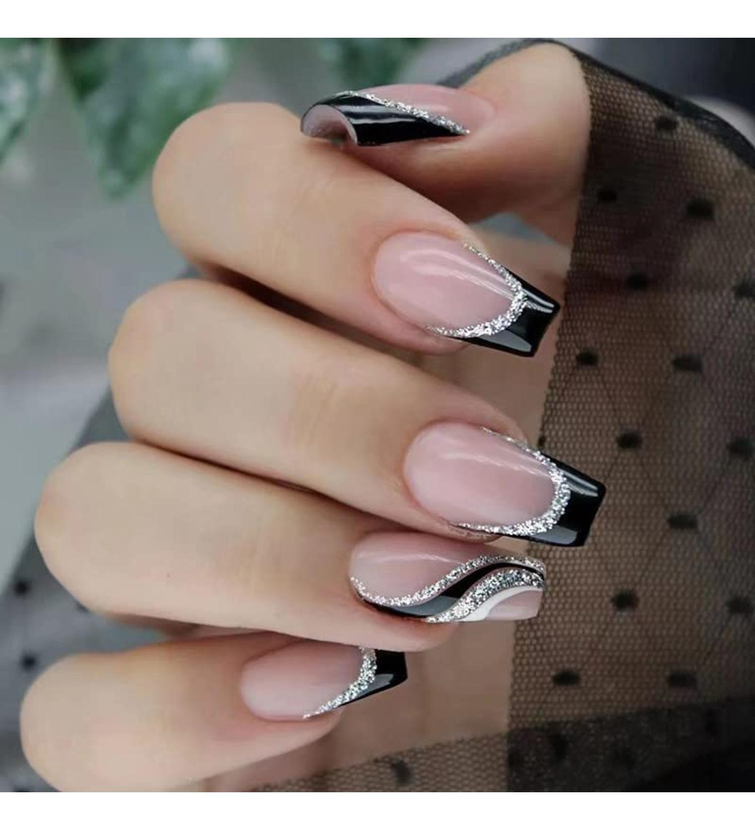 24pcs Short Square False French Tip False Nails Stick on Nails Glitter Press on Nails Removable Glue - on Fake Nails Acrylic Full Cover Nails Women Girls Nail Art Accessories (French Black Ripple) - Buy Online on GoSupps.com