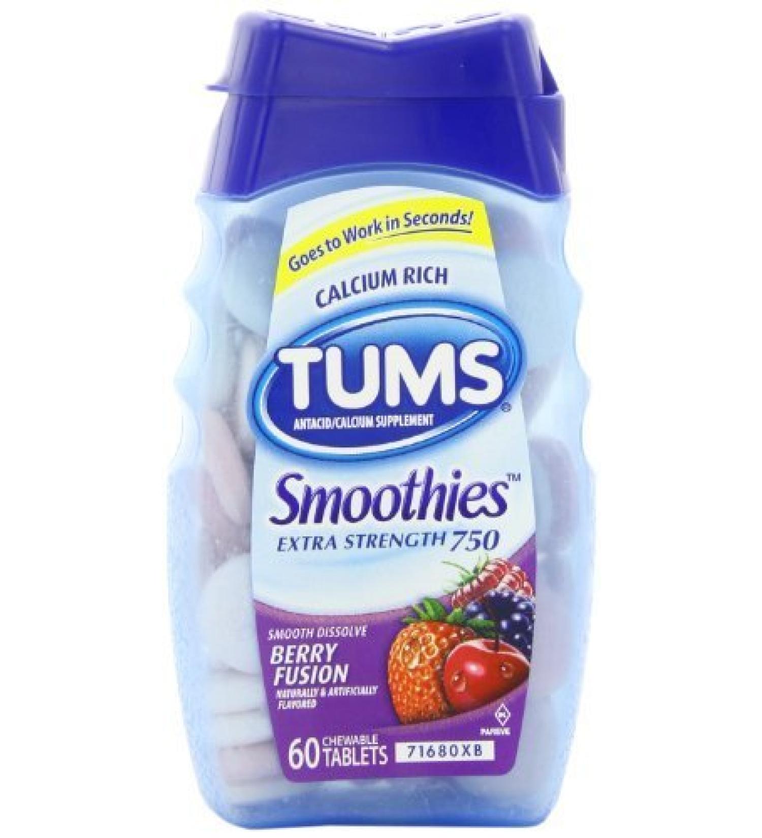Tums Smoothies Smooth Dissolve Extra Strength 750 Berry Fusion - 750 mg - 60 Chewable Tablets Pack of 4