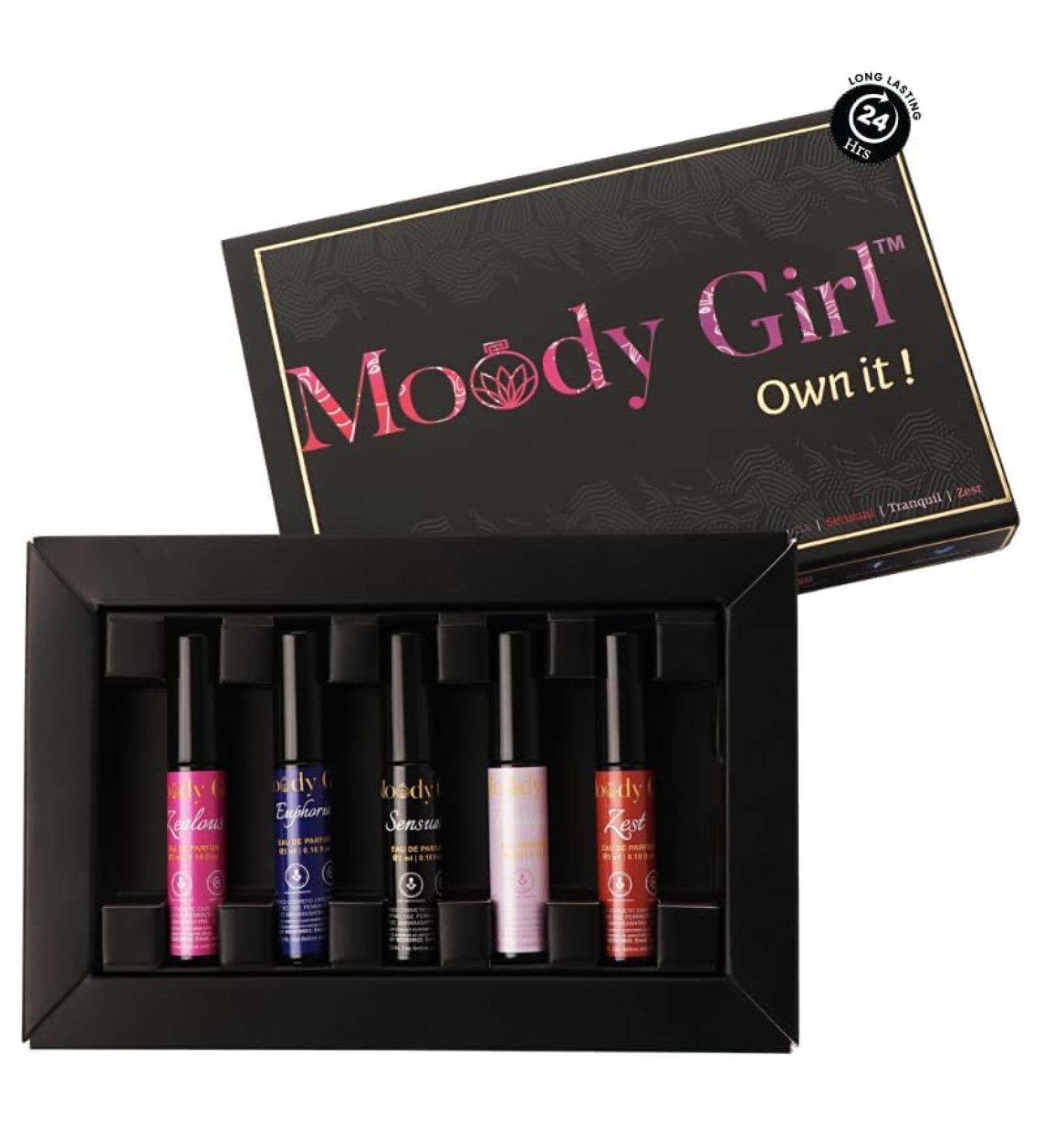 Moody Girl Luxury Pocket Liquid Perfume Gift Set For Women Pack Of 5 (3Ml Each) 15Ml Combination Of Musky Fruity Floral Amber & Tangerine Fragrances 24Hr Long Lasting - Buy Online on GoSupps.com