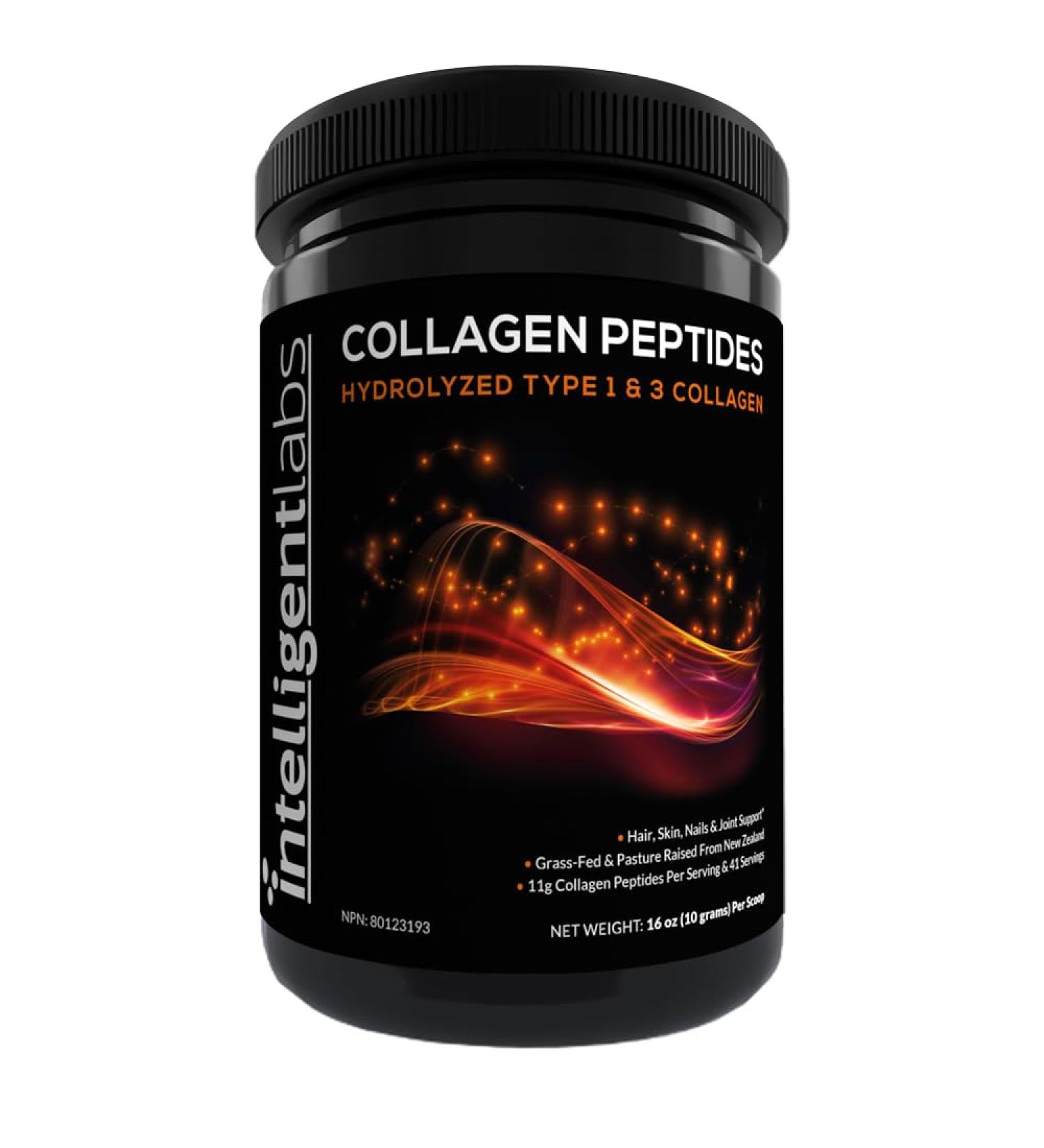 Intelligent Labs Hydrolyzed Type 1 and 3 Collagen Peptides Powder 100% Cruelty-Free and Grass-Fed Bovine Supports Healthy Hair Skin Nails & Joints 11g per Serving 41 Servings a Bottle - Buy Online on GoSupps.com