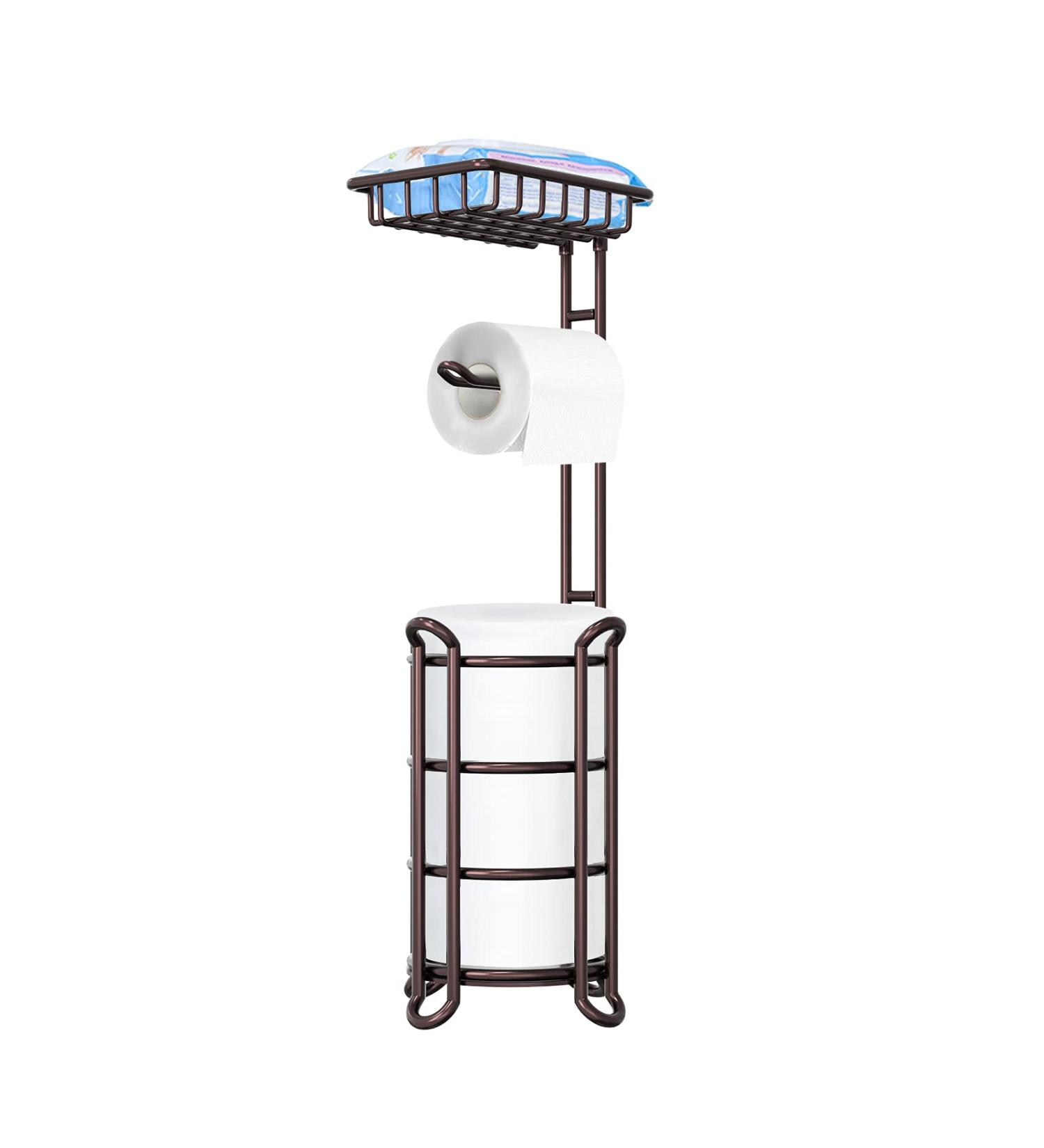 Toilet Paper Holder Stand with Shelf - Bronze Finish, Bathroom Storage for Mega Rolls - Buy Online on GoSupps.com