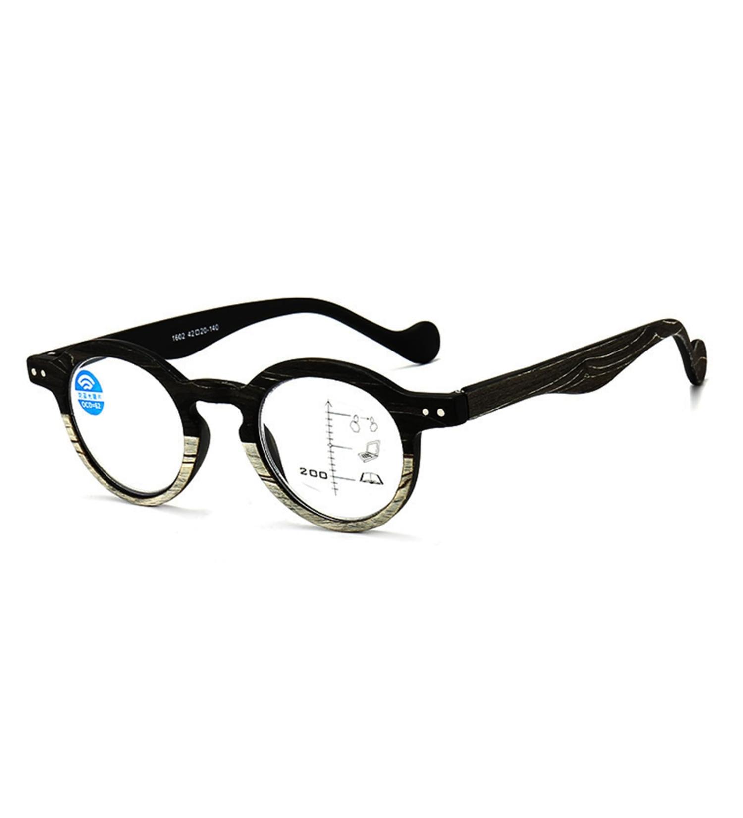 Fashion Wood Grain Round Frame Reading Glasses for Men & Women - Progressive Multifocus Anti Blue Light Readers 1.0x - Black - Buy Online on GoSupps.com