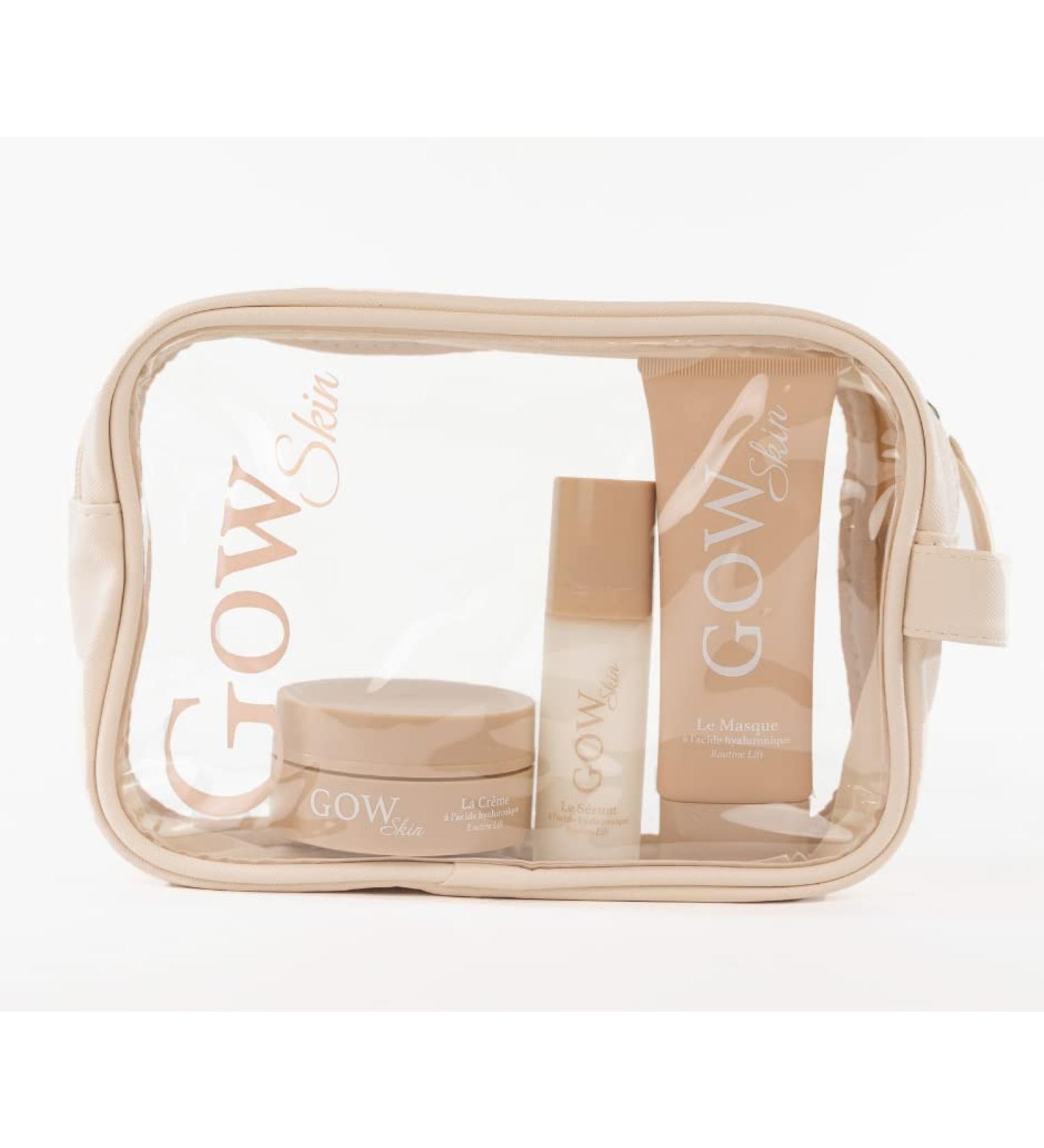  Gowskin Transparent toiletry bag containing 3 anti-aging moisturizing anti-wrinkle plumping products essential for a skincare routine. - Buy Online on GoSupps.com