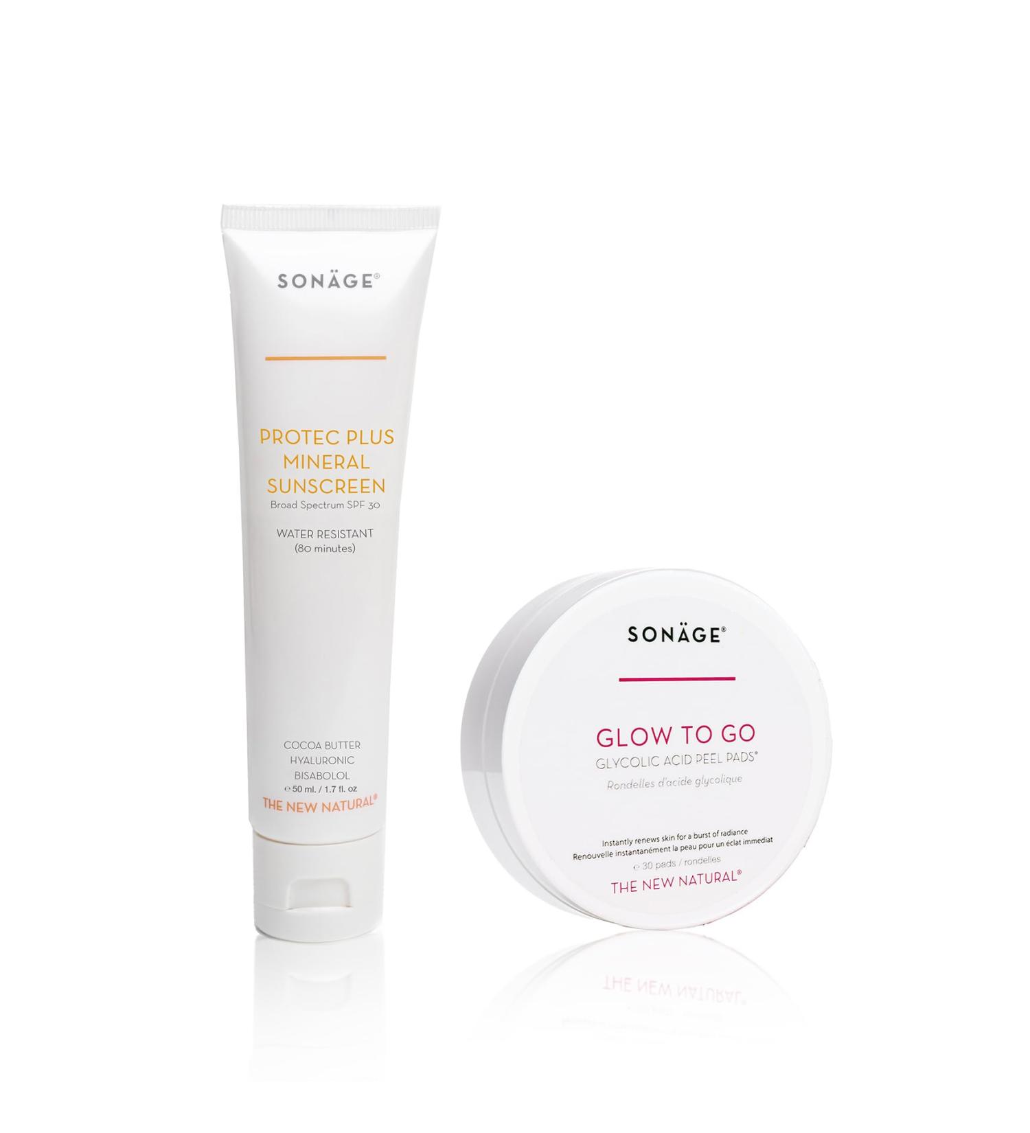 Glow Protection Duo - Glow To Go Glycolic Peel Pads and Protec Plus Mineral Sunscreen SPF 30 - Buy Online on GoSupps.com