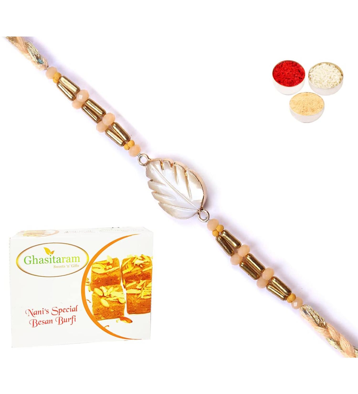 Ghasitaram Gifts Rakhi for Brother Rakhis Online - RM-628 Premium Rakhi with 200 GMS of Besan Barfi - Buy Online on GoSupps.com