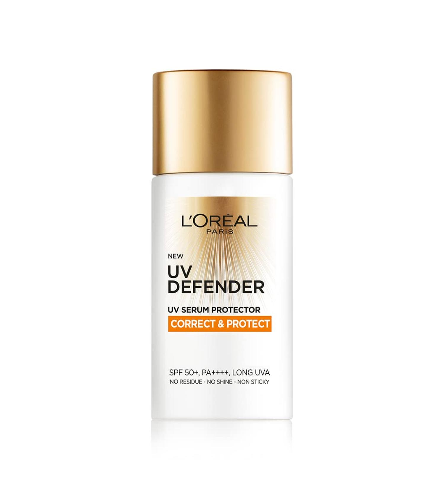 L Or al Paris Sunscreen Non-Greasy Anti-Ageing Sunscreen With Vitamin C UVA & UVB Protection With SPF 50 PA+++ Correct & Protect UV Defender Serum Protector 50 ml - Buy Online on GoSupps.com