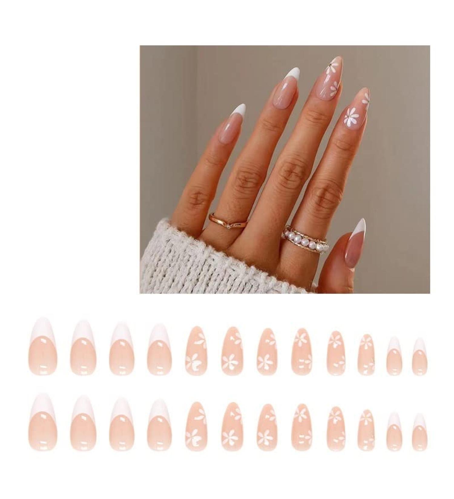 24 Pieces Fresh Floral Almond Fake Nail Press Nail Removable Fake Nail Tip Purple Band Design Nail Art Patch (Color : 09) - Buy Online on GoSupps.com