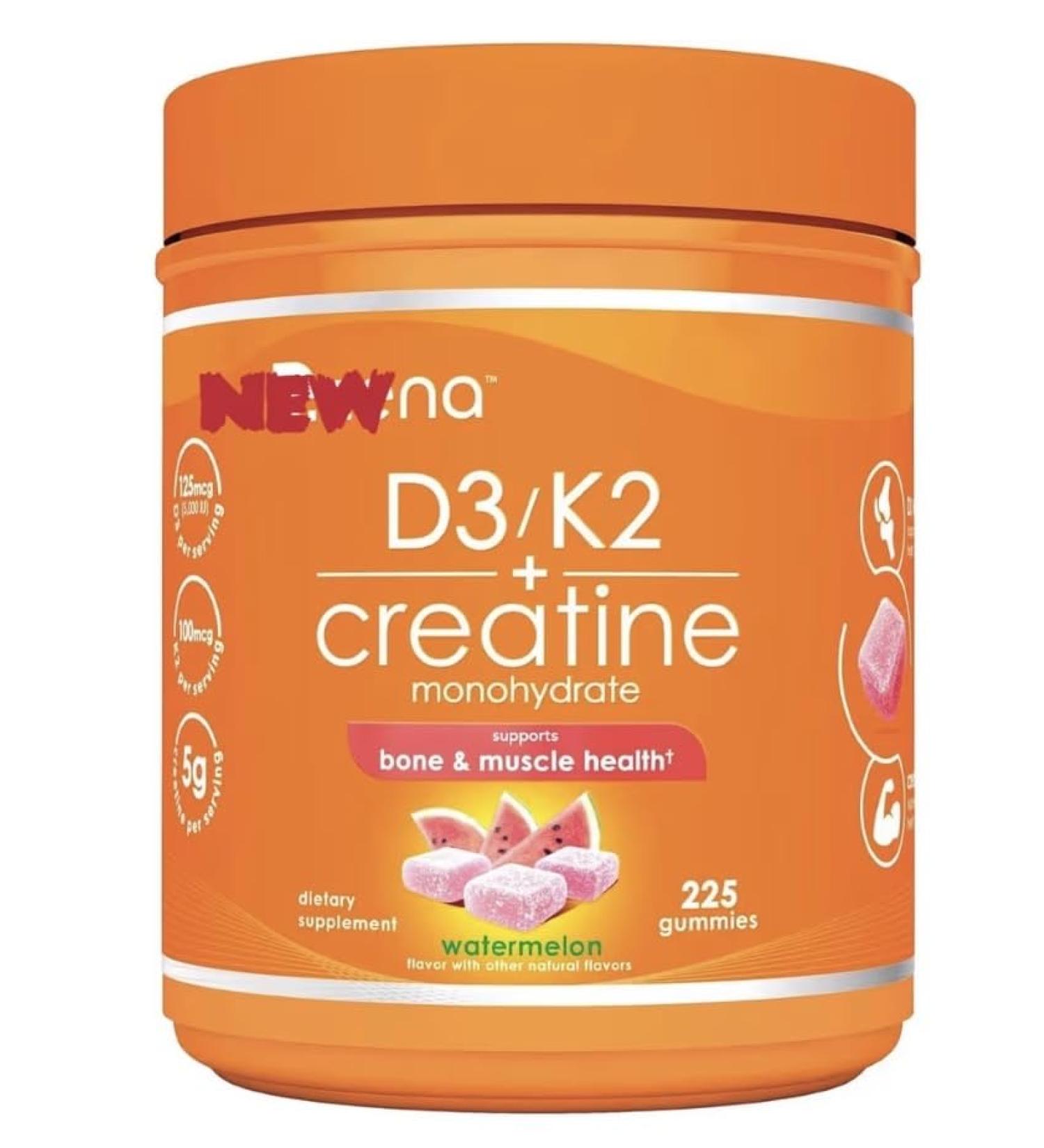 New Creatine D3/K2 Monohydrate Gummies Watermelon Flavor 225 Count Supports Bone & Muscle Health with AstraGin