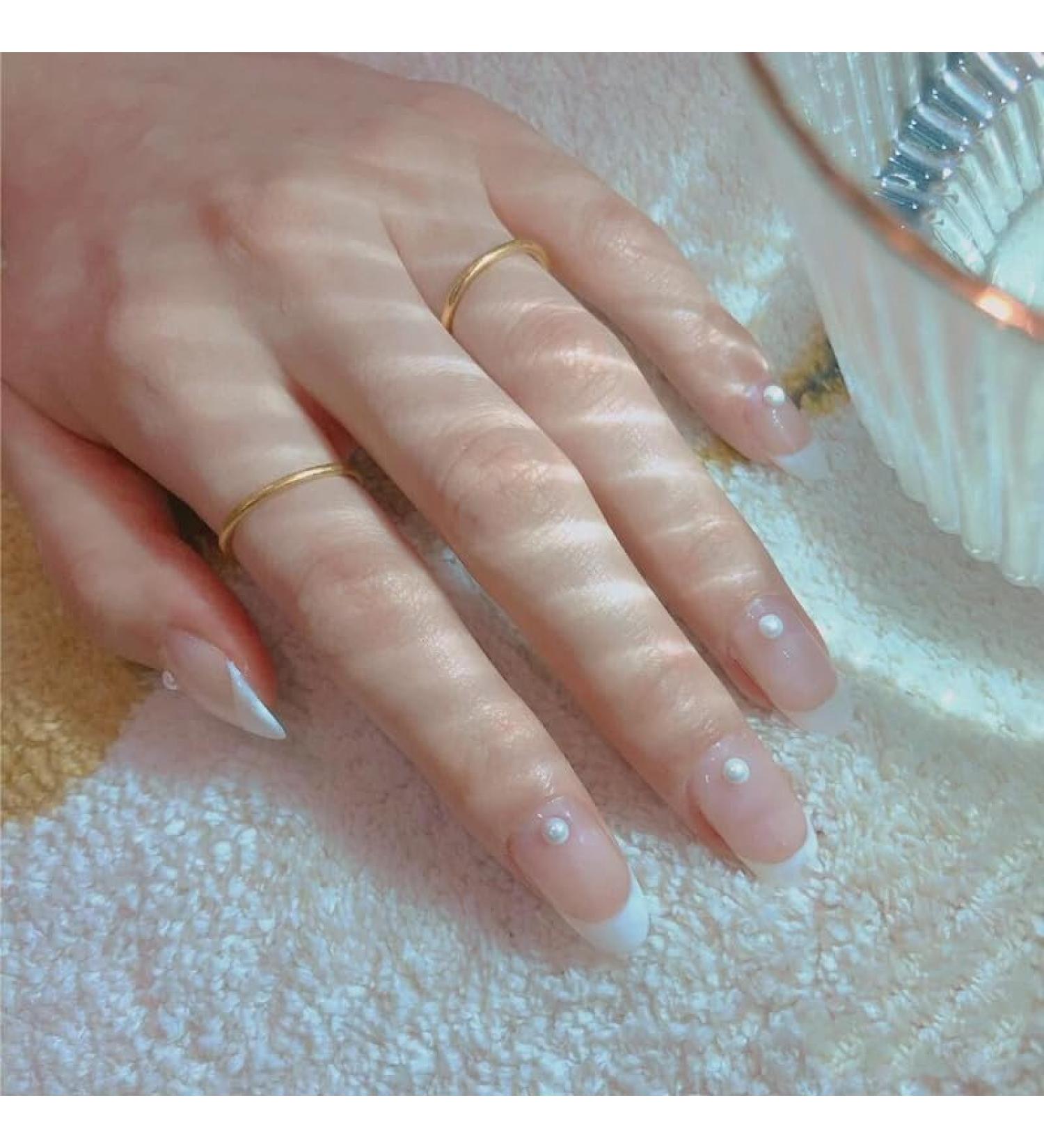 French Tip Press on Nails - Short Pointed Tip Press On Nails with Nail Tips Naked colored small pearls Design Glossy press on nails Acrylic False Nails Cute Artificial Nails - Buy Online on GoSupps.com