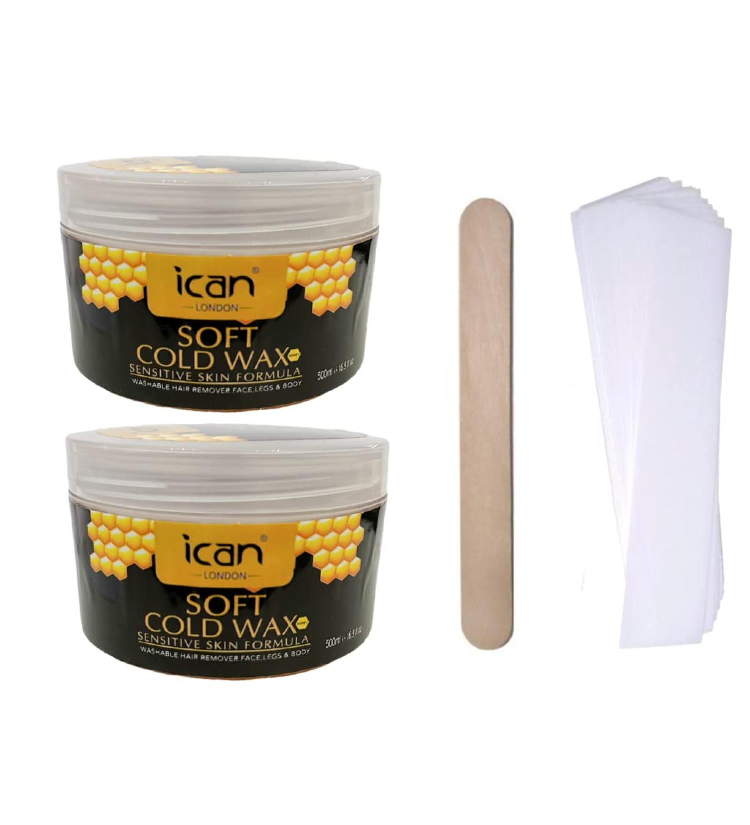 ICAN London Honey Soft Cold Wax Kit - Hair Removal for Face, Legs & Body - 2 x 500ml + Free 50 Wax Strips & 1 Spatula - Buy Online on GoSupps.com