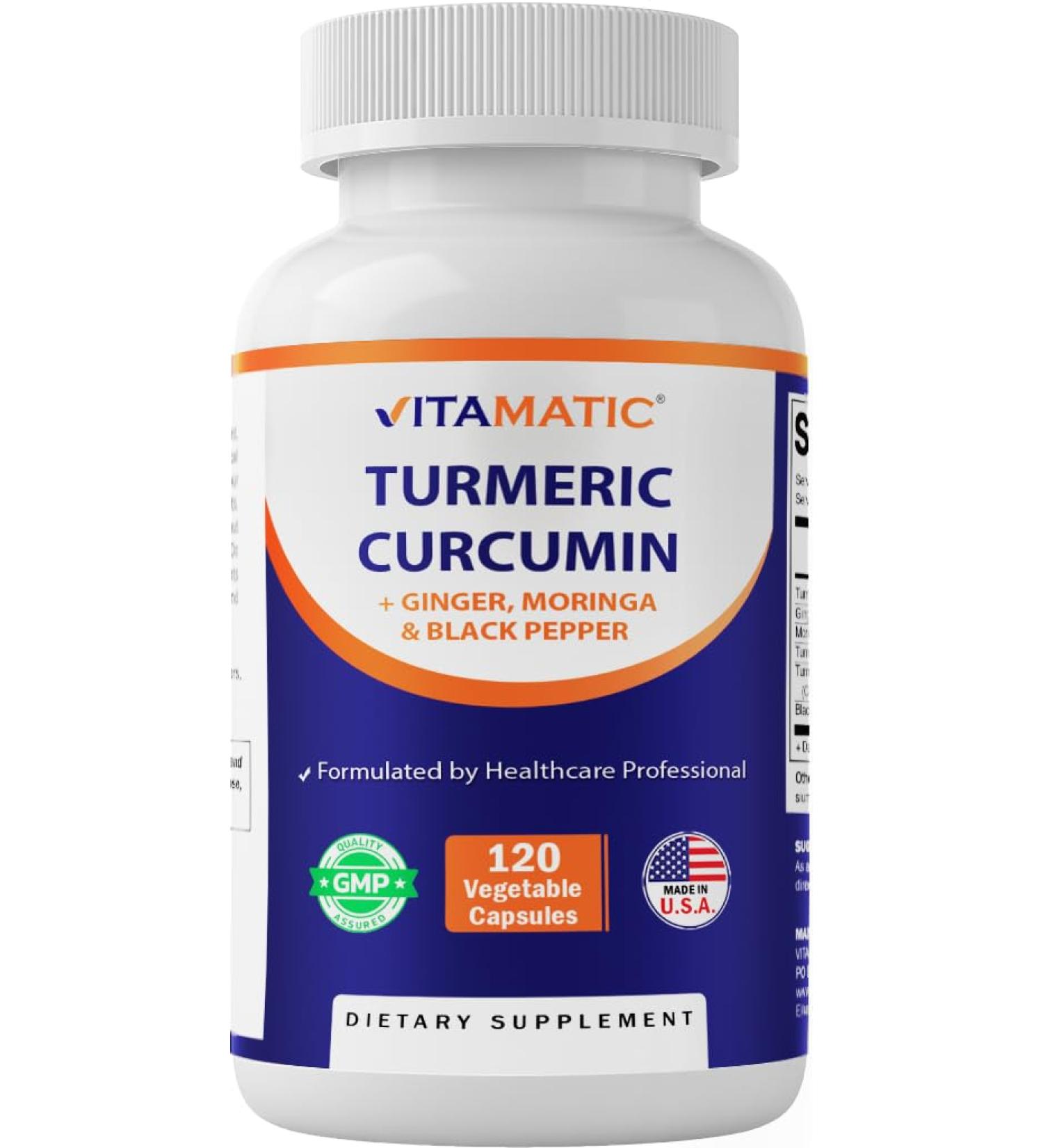 Vitamatic Turmeric Curcumin Supplement (10:1 Equivalent 3000 mg Per Serving, Made with 95% Curcuminoids, Black Pepper, Ginger, Moringa) 120 Vegetable Capsules, Non-GMO, Gluten Free (120 Capsules) - Buy Online on GoSupps.com