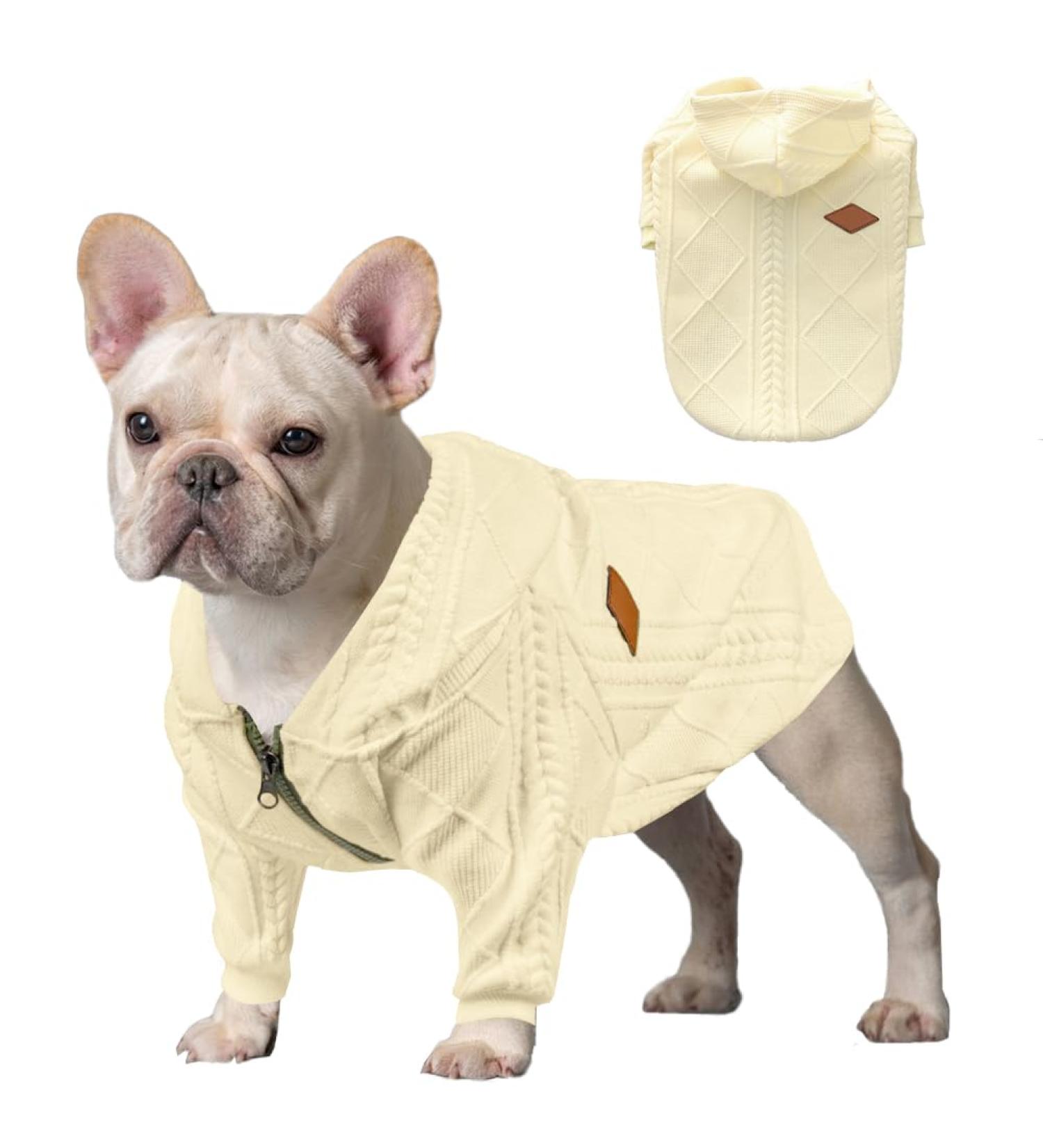 Meioro XL White Dog Sweater with Zip & Hood - Warm Winter Wear for Dogs & Cats - Perfect for French Bulldogs & Pugs - Buy Online on GoSupps.com