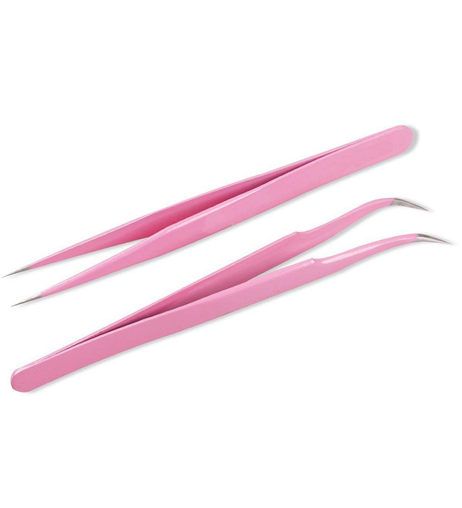 AKOAK Stainless Steel Eyelash Extension Tweezers - Straight and Curved Tips - Pink (2 Pieces) - Buy Online on GoSupps.com