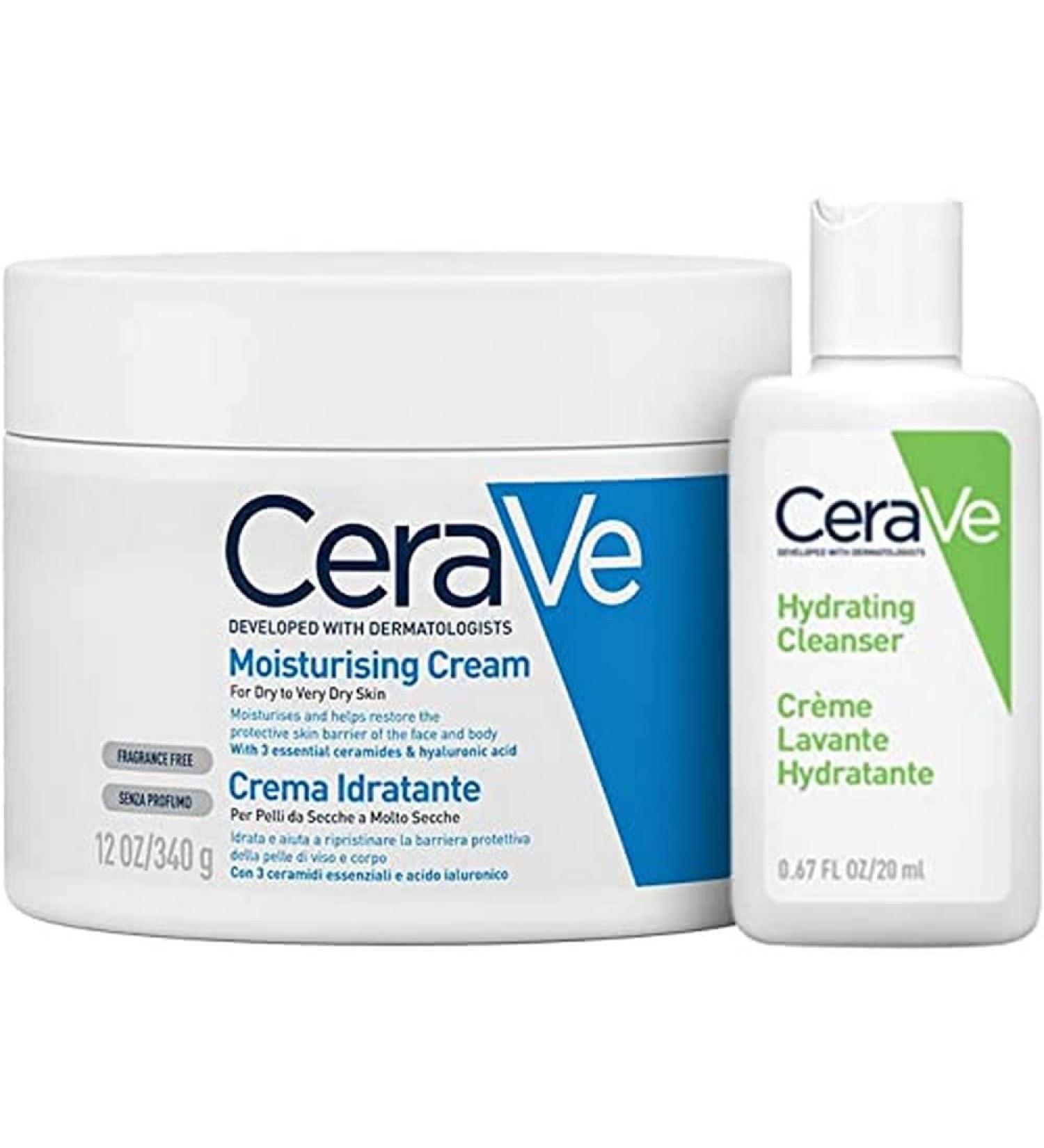 CeraVe Body and Travel Kit Moisturizing Face and Body Cream for Dry Skin with Hyaluronic Acid 340g + Travel Moisturizing Face Cleanser For Normal to Dry Skin 20ml
