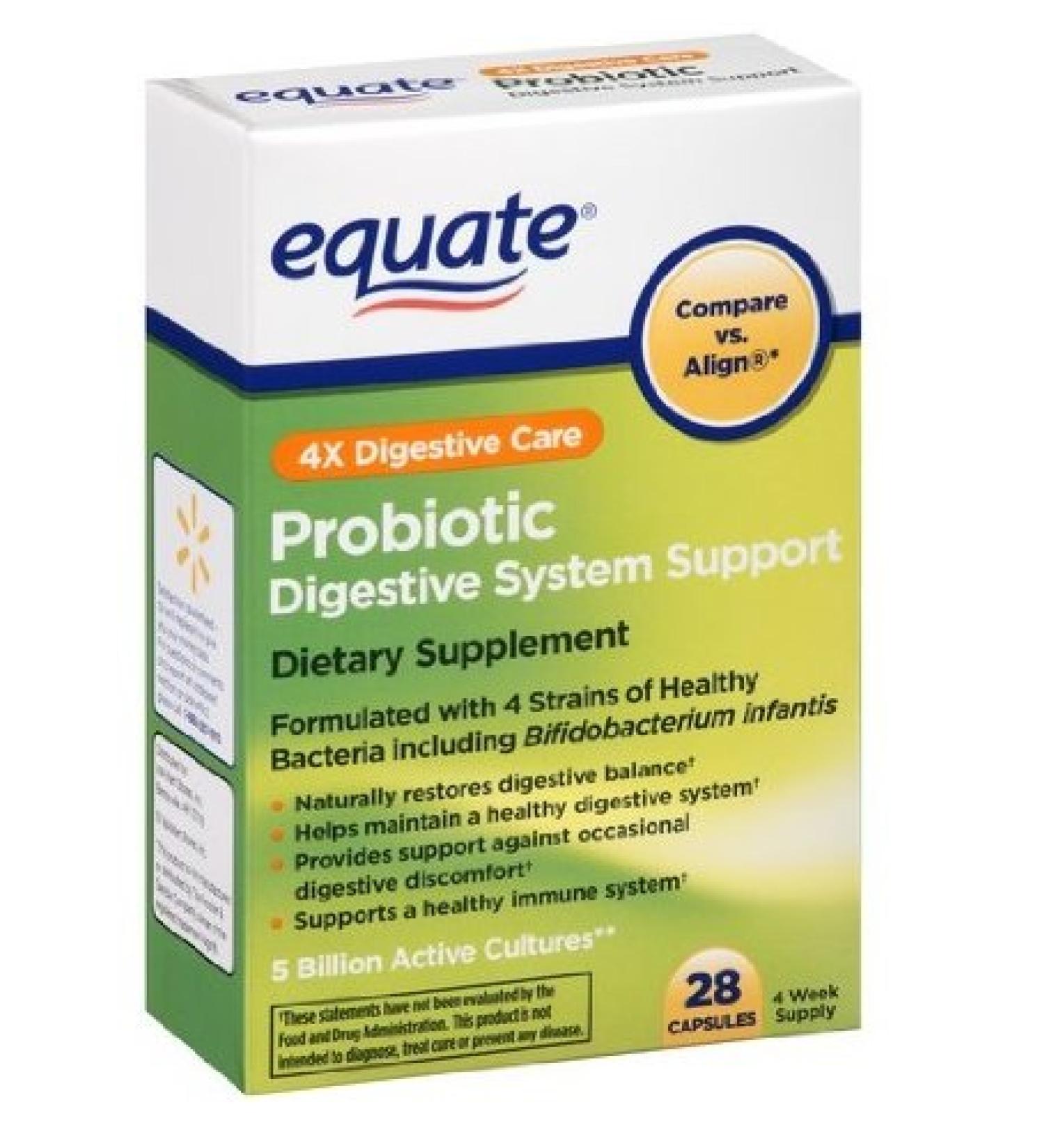 Equate - Probiotic Digestive System Support 4X Digestive Care 28 Capsules (Compare vs. Align)