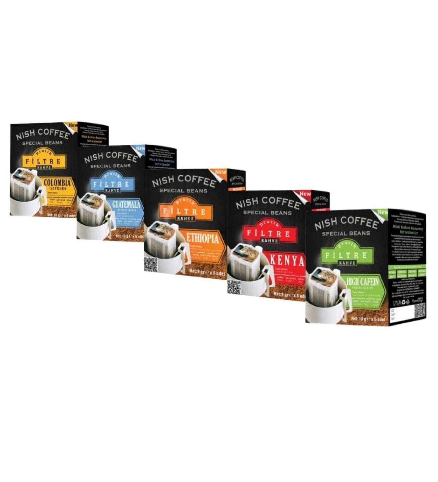 Nishcoffee Colombia- Guatemala- Ethiopia- Kenya-High Caffeine Practical One Cup Filter Coffee Set of 5