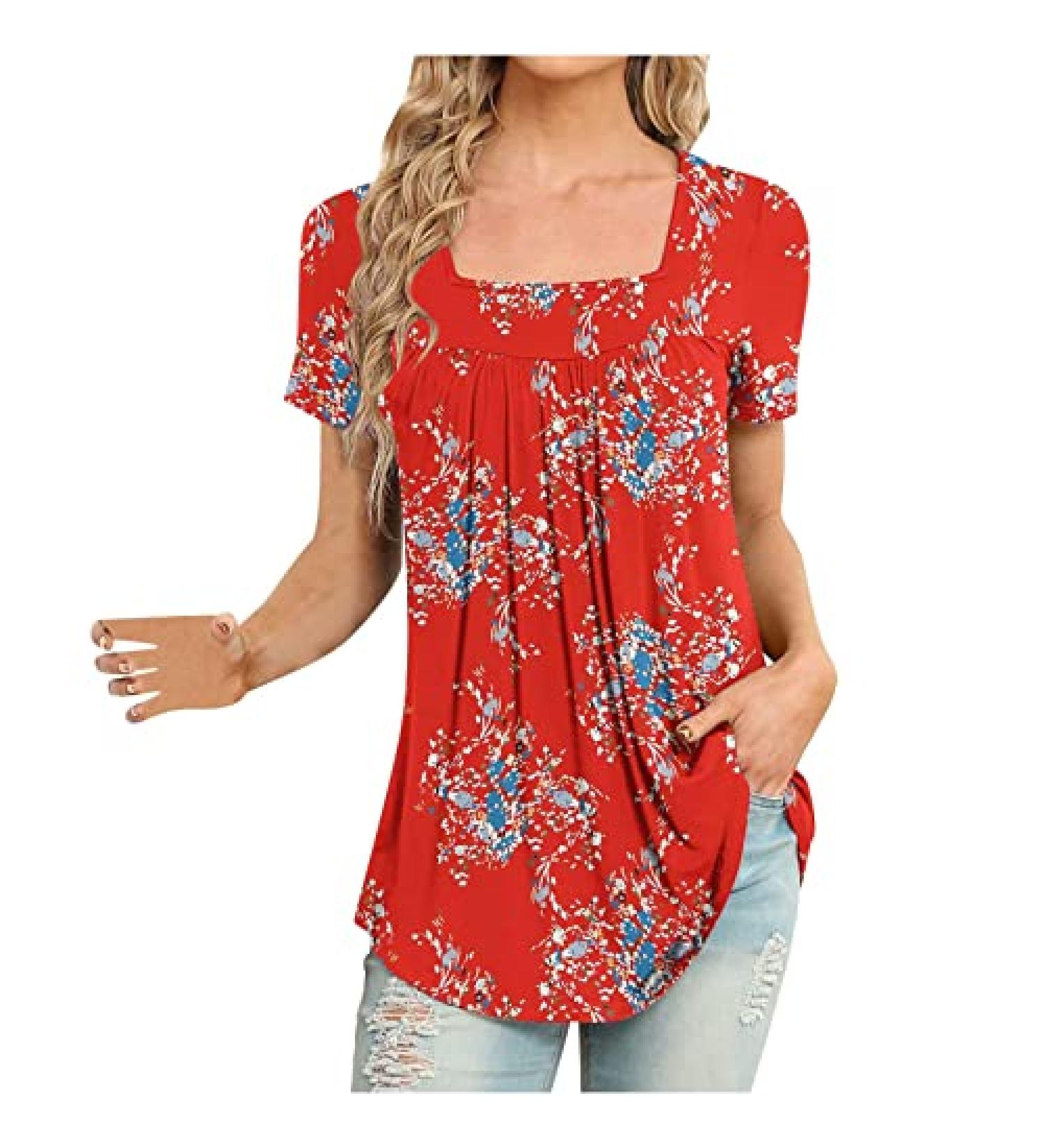 Women's Square Neck Floral Print Tee - Red | Casual Loose Fit Blouse - Buy Online on GoSupps.com