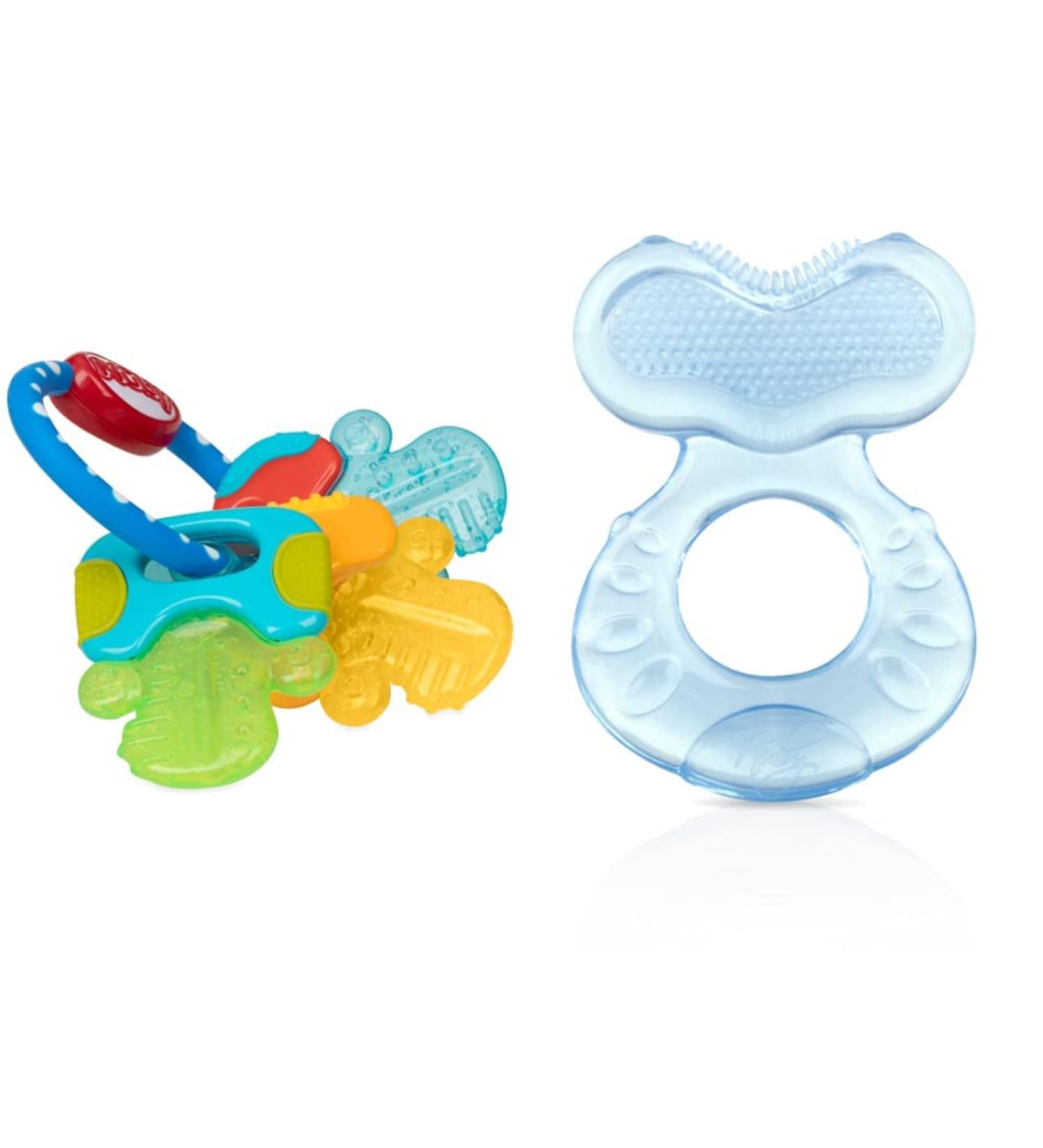 Nuby Ice Gel Teether Keys & Silicone Teethe-EEZ Teether with Bristles Includes Hygienic Case Blue