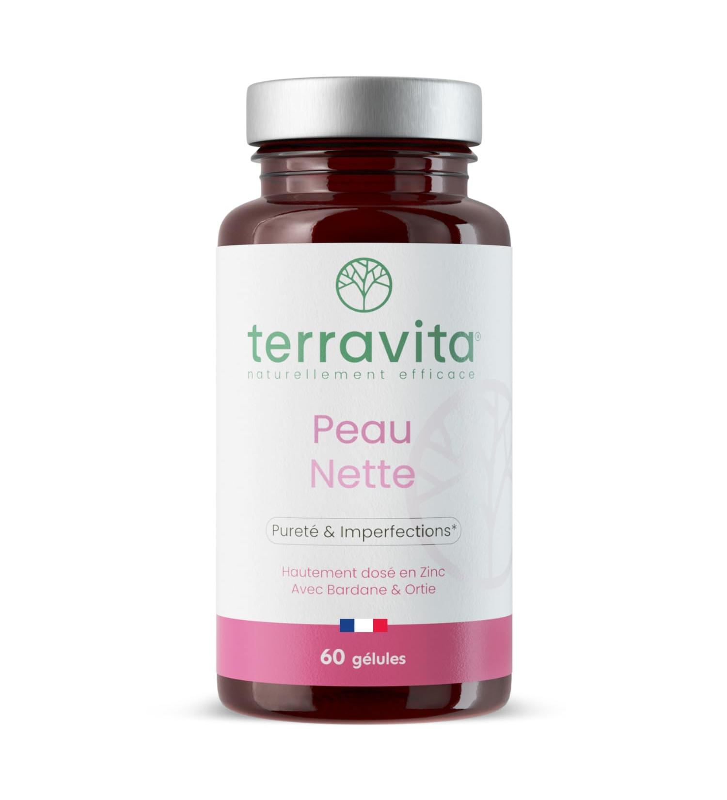 PEAU NETTE | Action D tox Anti Acn & Points Noirs | Zinc Bisglycinate 15mg + Bardane + Biotine + Propolis | R gule la Production de S bum | Anti-imperfections | 60 G lules Made in France | Terravita - Buy Online on GoSupps.com