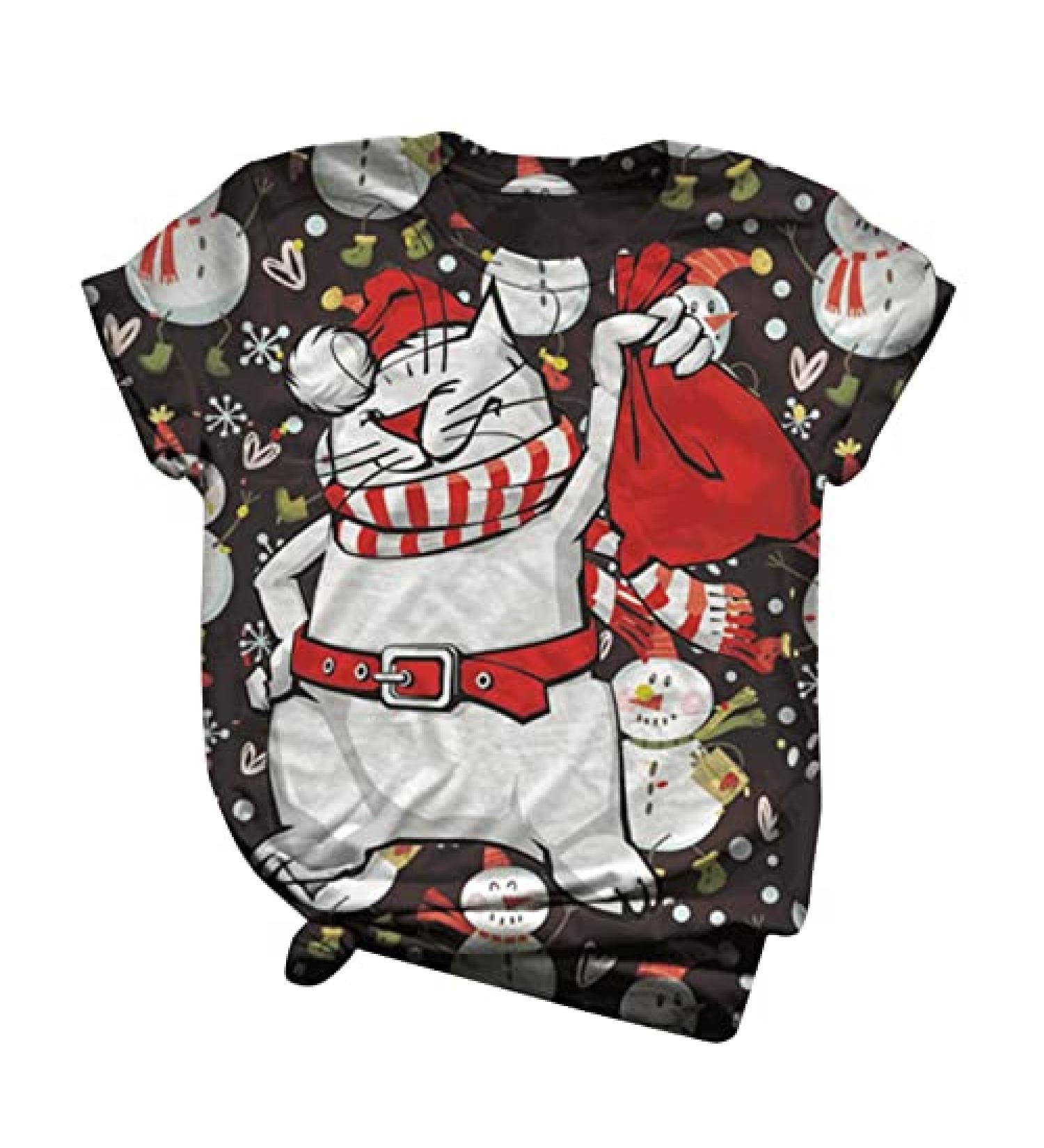 iLH Christmas Cat Graphic T-Shirt - Women's Cute Owl Printed Round Neck Blouse (X-Large, Black) - Buy Online on GoSupps.com