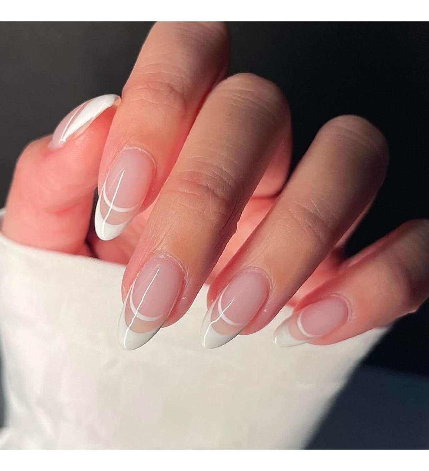 Justotry 24-Piece Striped Almond Press-On Nails - Glossy White & Striped Medium Fake Nails for Women - Short Artificial Fingernails - Buy Online on GoSupps.com