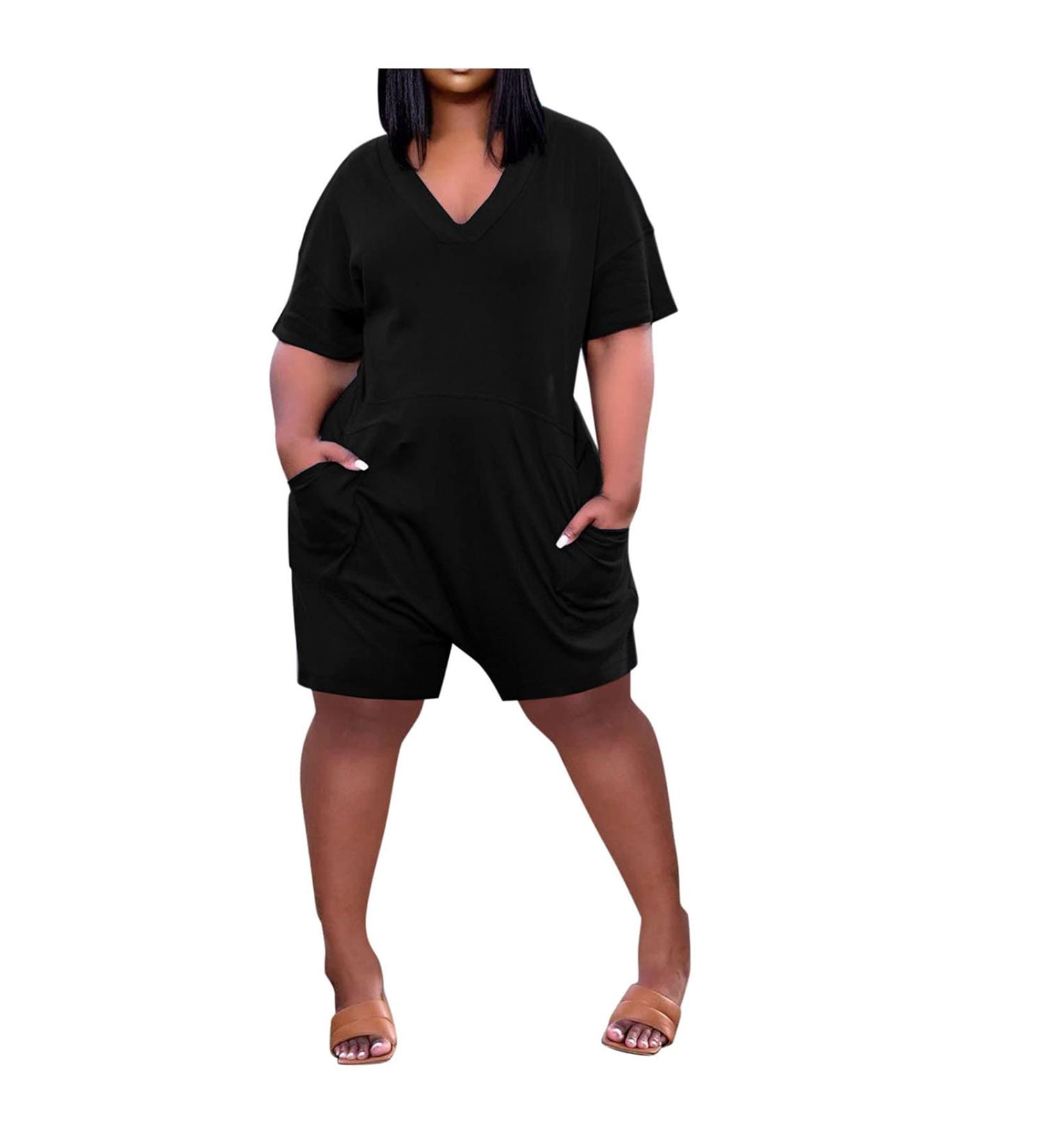Malaidog Women's Casual Printed Plus Size Jumpsuit - V Neck Short Sleeve Wide Leg Romper with Pockets | Black XL - Buy Online on GoSupps.com