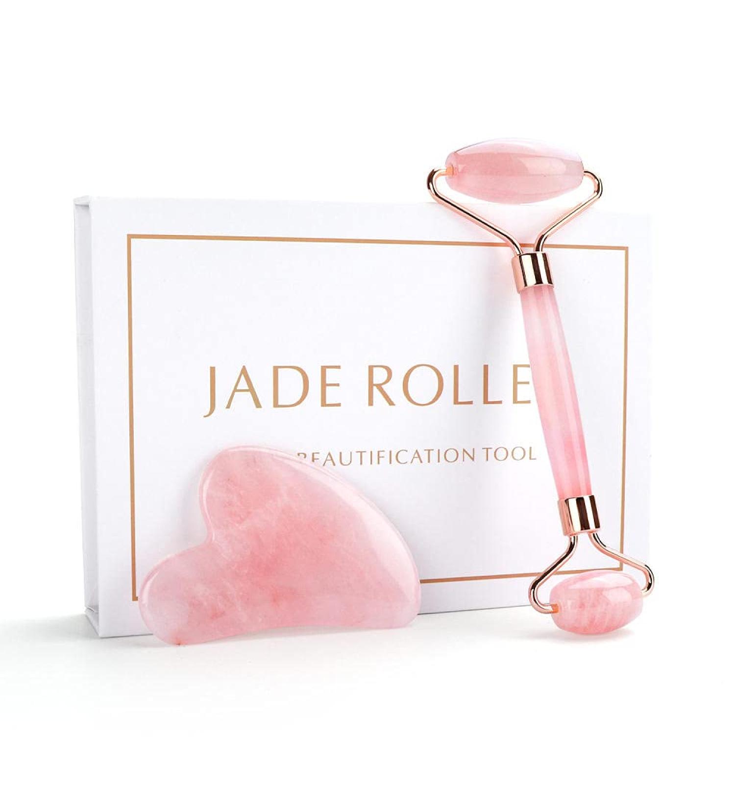 Gua Sha Facial Tool Face Lifting Massager Rose Quartz Roller Natural Jade Facial Massager Jade Roller Face Massage-Pink heart with box_ - Buy Online on GoSupps.com