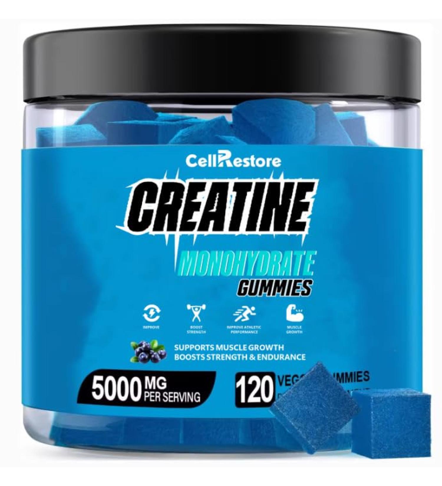 Creatine Monohydrate Gummies - 5g per Serving Sugar Free Vegan Blueberry Flavor - Boost Strength & Build Muscle - 120 Count - Buy Online on GoSupps.com