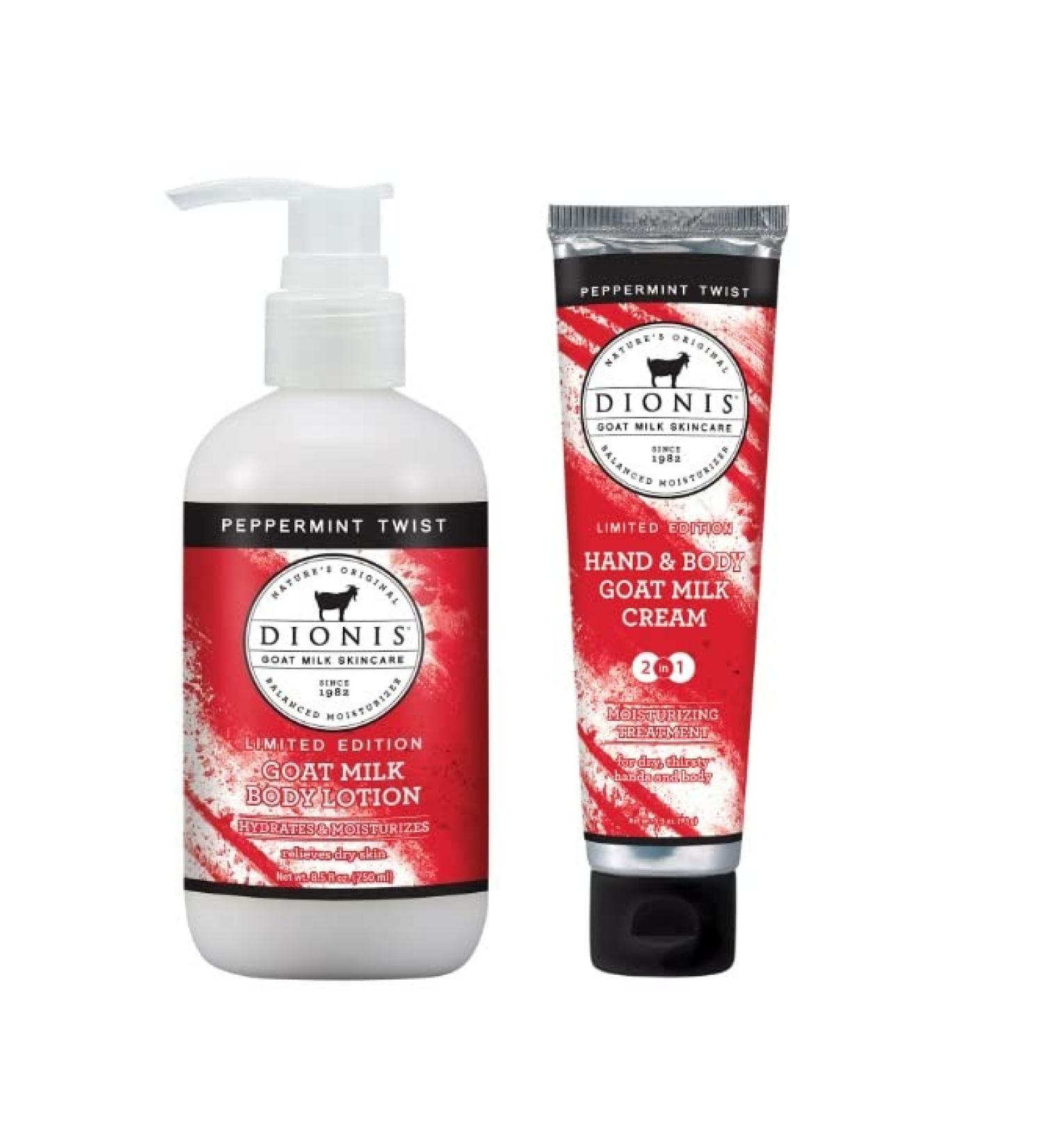 Dionis Goat Milk Skincare Peppermint Twist Scented Lotion (8.5 oz) and Hand & Body Cream (3.3 oz) Bundle - Buy Online on GoSupps.com