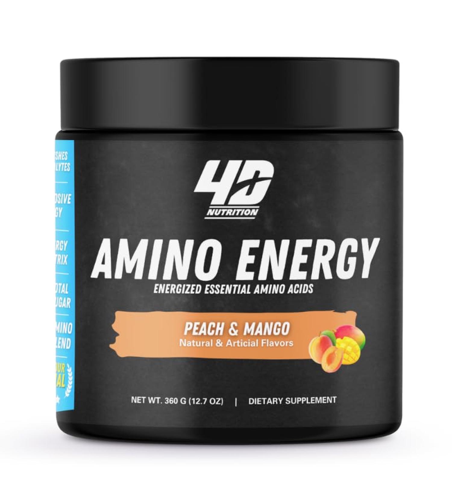 4D NUTRITION Energized Amino Acids Electrolytes Energy Drink Powder Green Tea Keto Friendly Optimal Hydration Peach & Mango 40 Servings