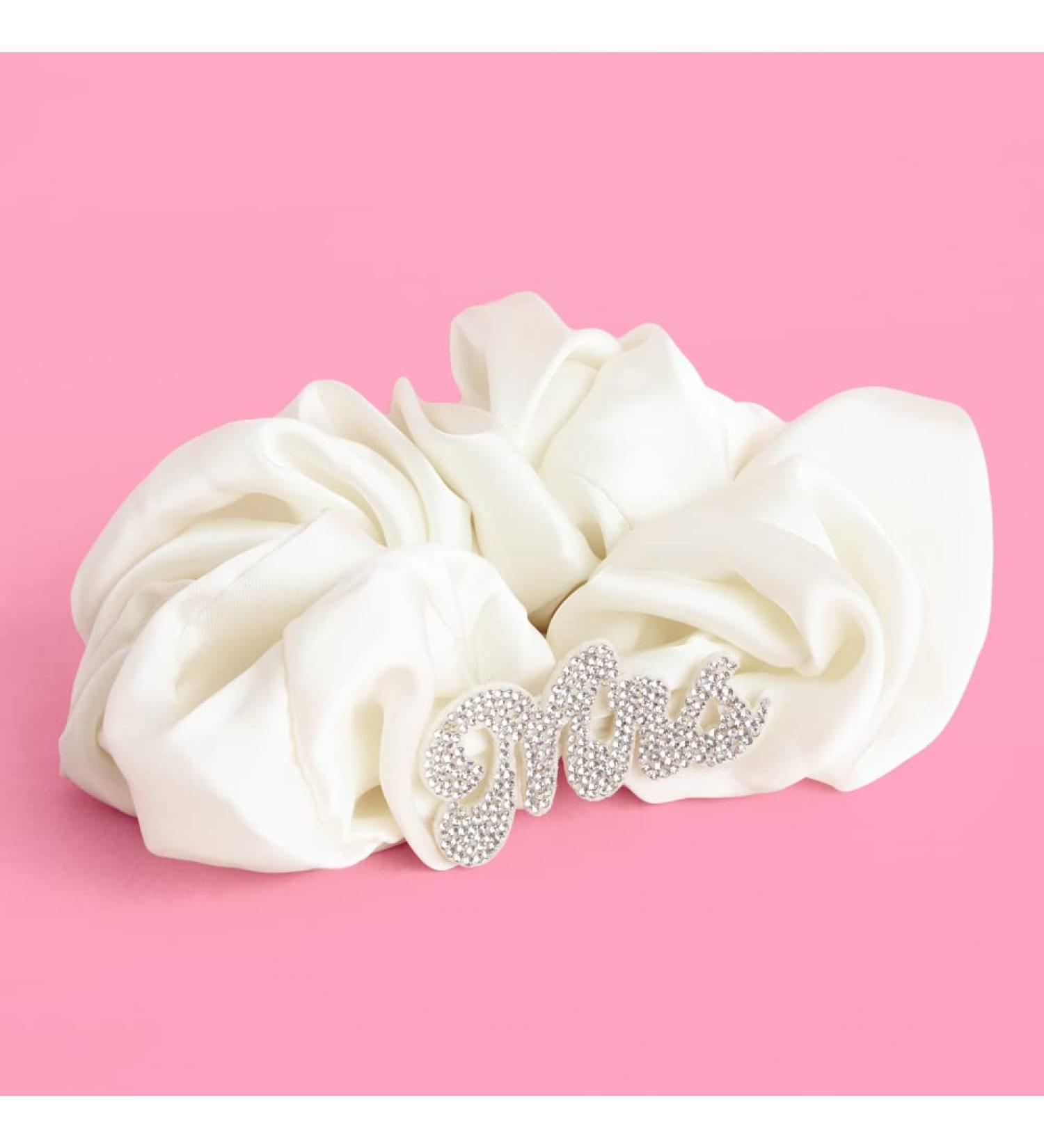 XO Fetti Mrs Rhinestone Scrunchie - Ivory Satin Hair Tie for Bachelorette & Bridal Parties - Buy Online on GoSupps.com