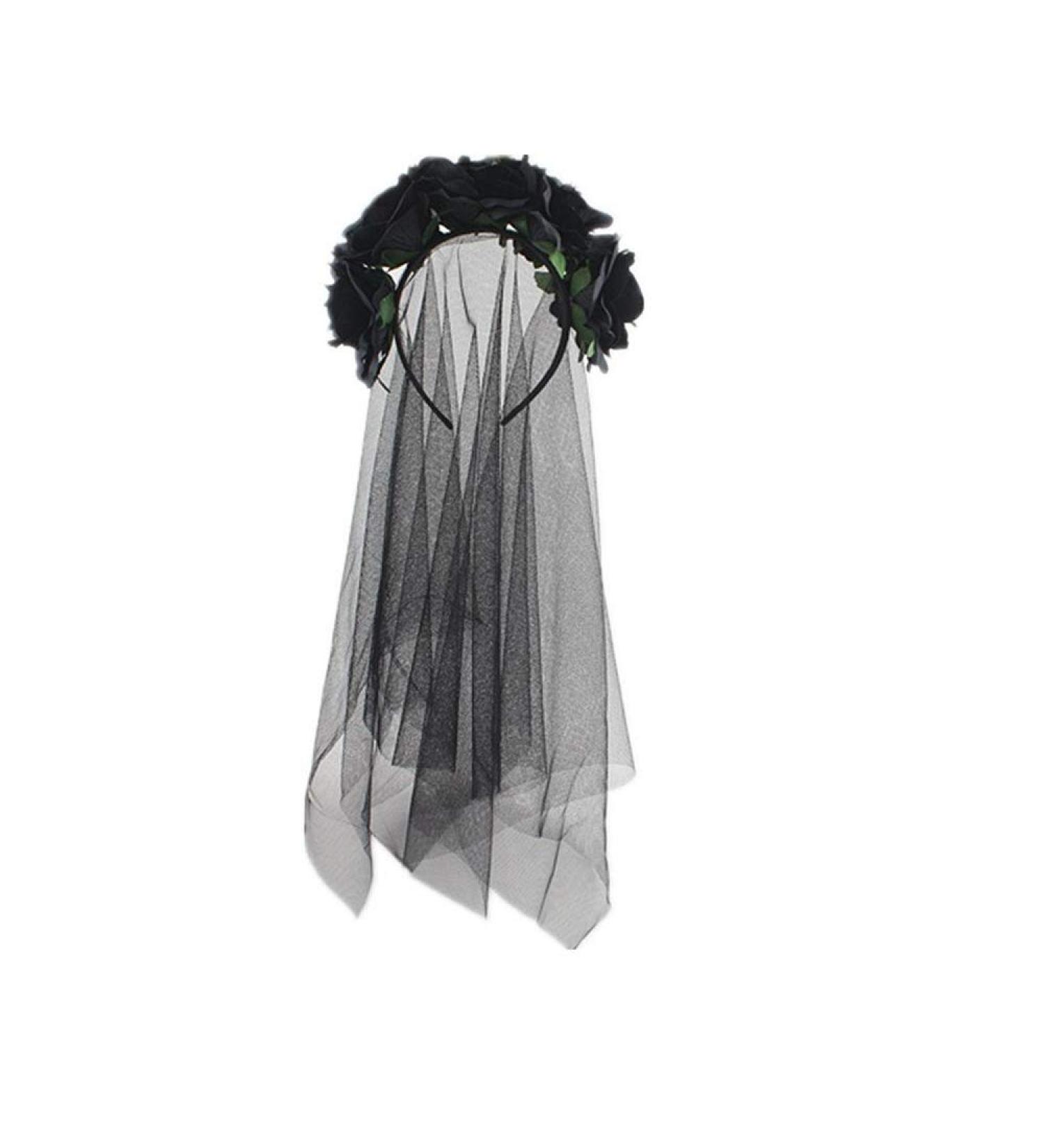 SUNTRADE Women Girls Zombie Bride Black Veil with Flowers Hairband for Halloween Cosplay Wedding Costume Headwear - Buy Online on GoSupps.com