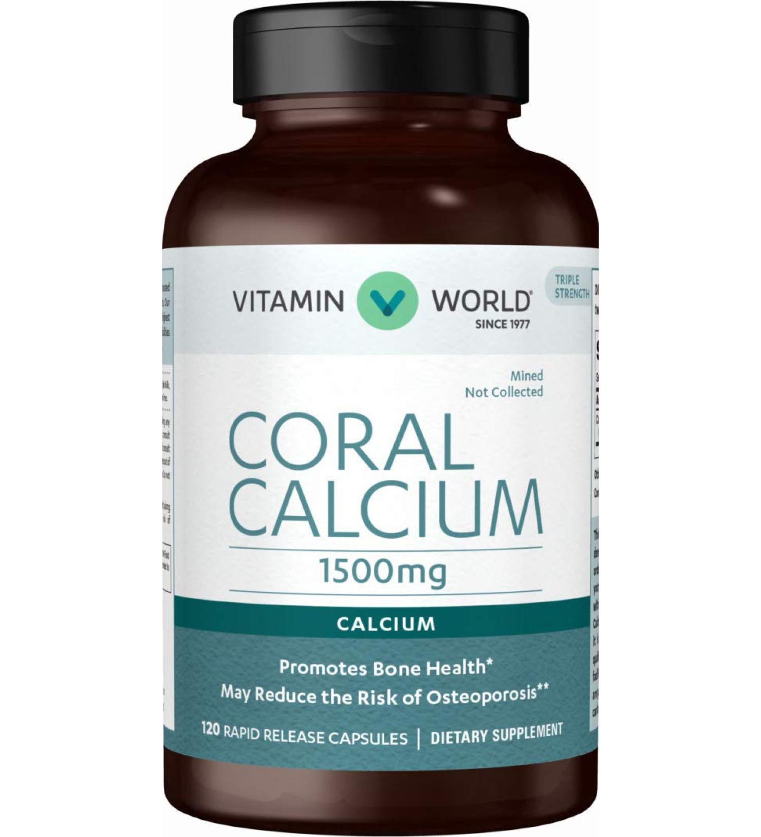 Vitamin World Coral Calcium 1500 mg. 120 Capsules Mineral Supplement Rapid-Release Gluten Free