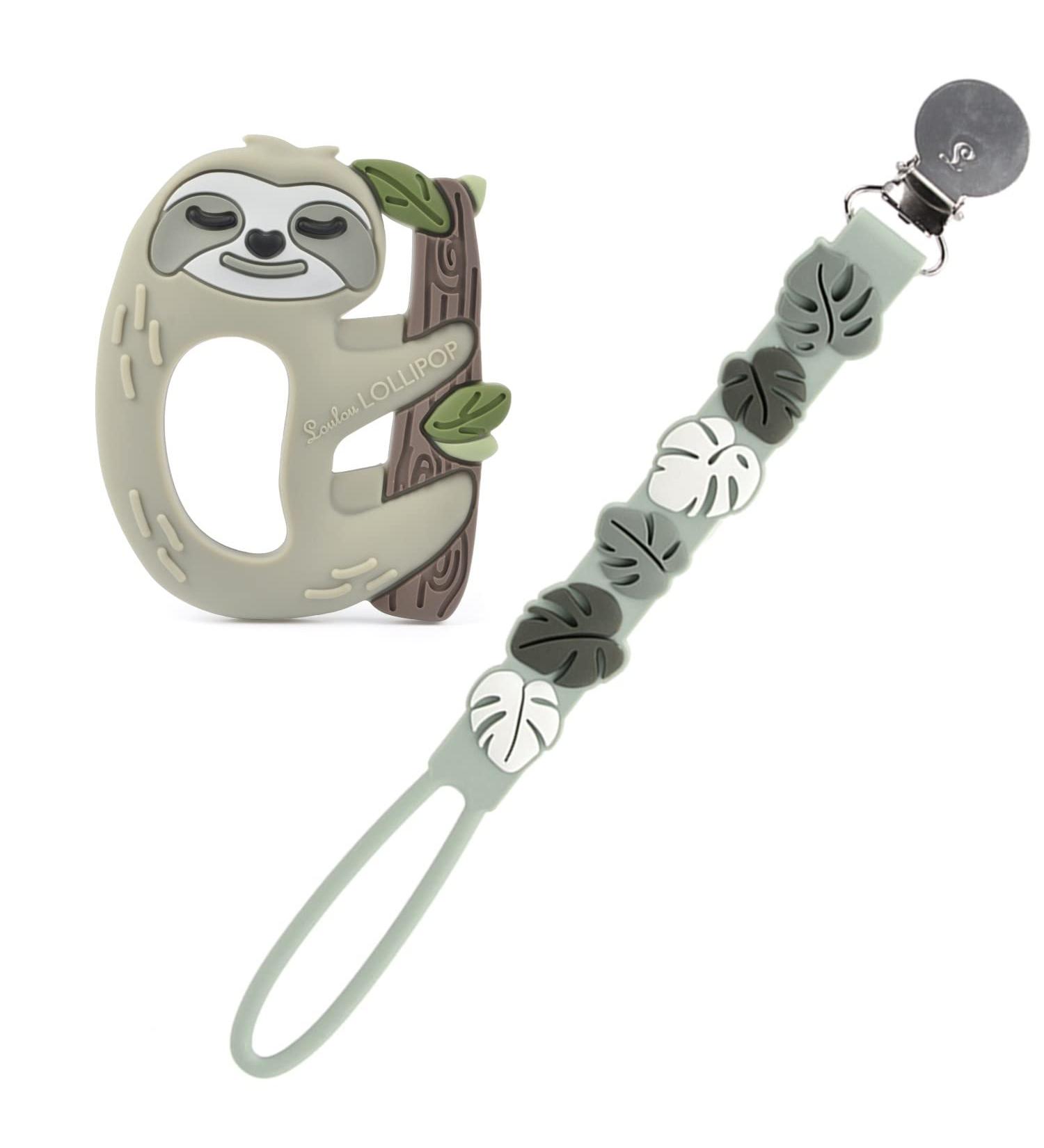 Loulou Lollipop Silicone Teether and Holder Clip Bundle Set - Sloth/Monstera - Buy Online on GoSupps.com