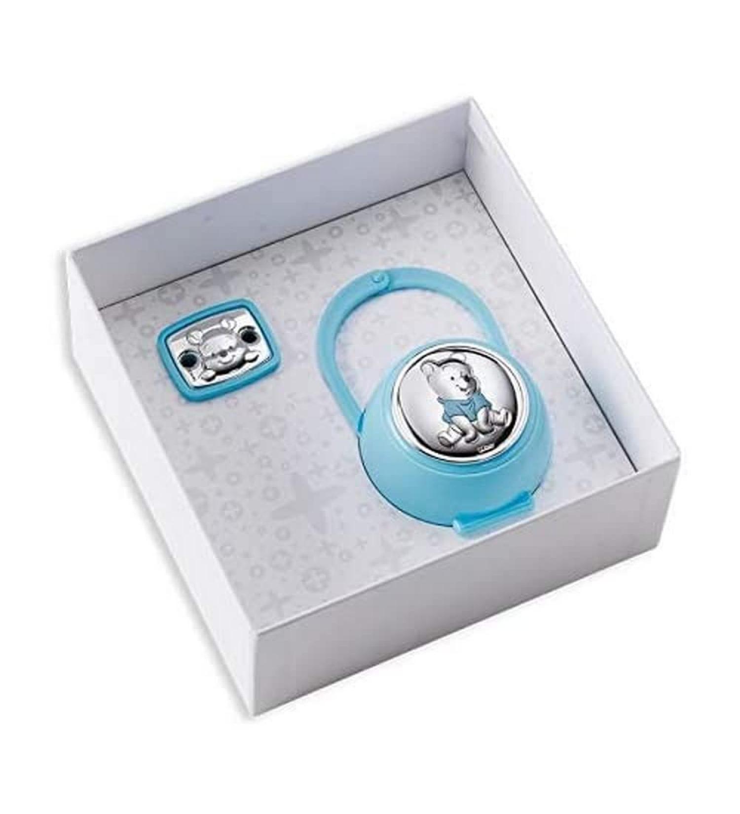 Disney Baby - pacifier chain with clip and pacifier box in silver - perfect as a gift idea for baptism or birthday - Winnie -Puuh -Design light blue