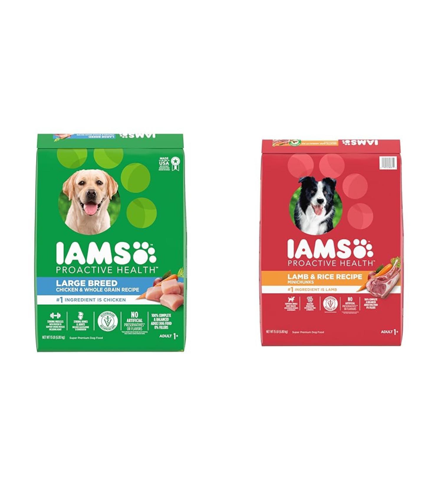 IAMS Proactive Health Dog Food Dry Adult Large Breed Chicken & Whole Grains Recipe 6.80kg (15LB) Bag & Proactive Health Minichunks Dog Food Dry Adult Lamb & Rice 6.5kg Bag - Buy Online on GoSupps.com