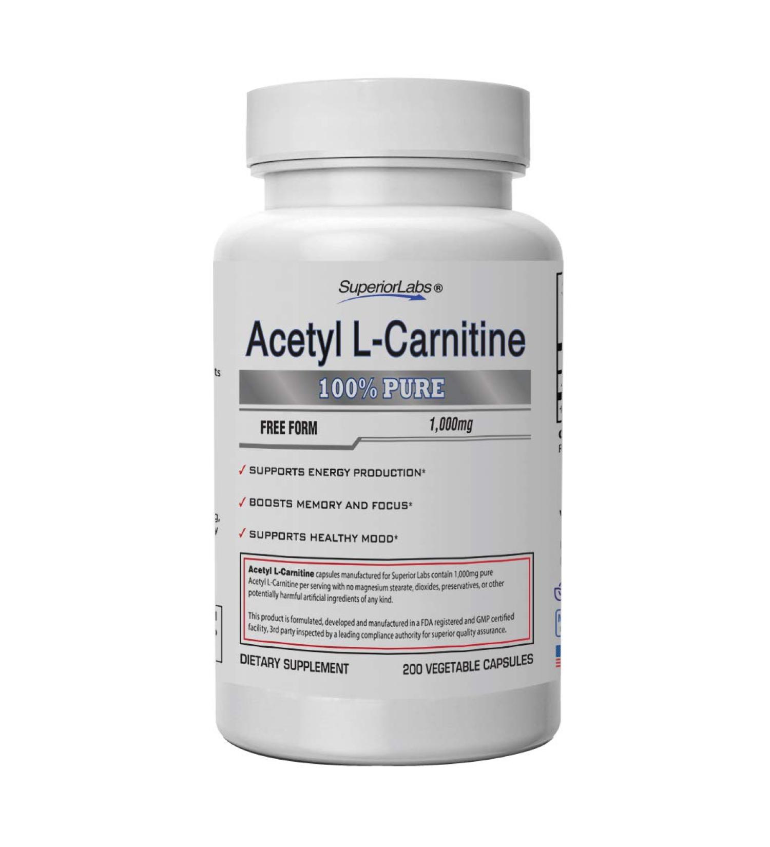 Superior Labs Acetyl L-Carnitine 1000mg 200 caps - Maximum Absorption, Pure Vegetable Capsules - Buy Online on GoSupps.com