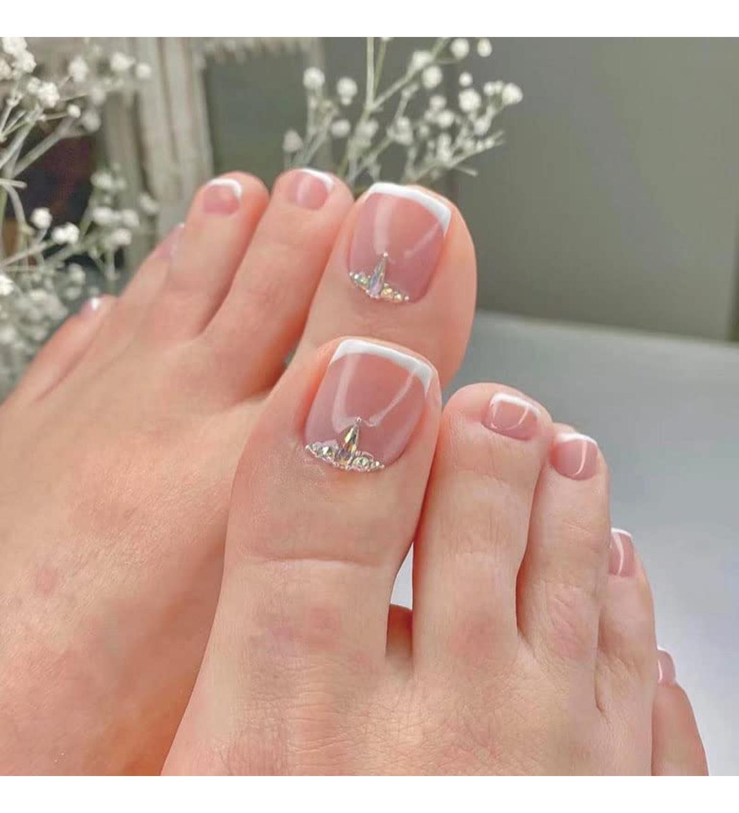 YOSOMK 24Pcs French Tip Press On Toe Nails - Rhinestone Square Toe False Nails for Women - Nude Pink Full Cover Glue On Toenails - Buy Online on GoSupps.com