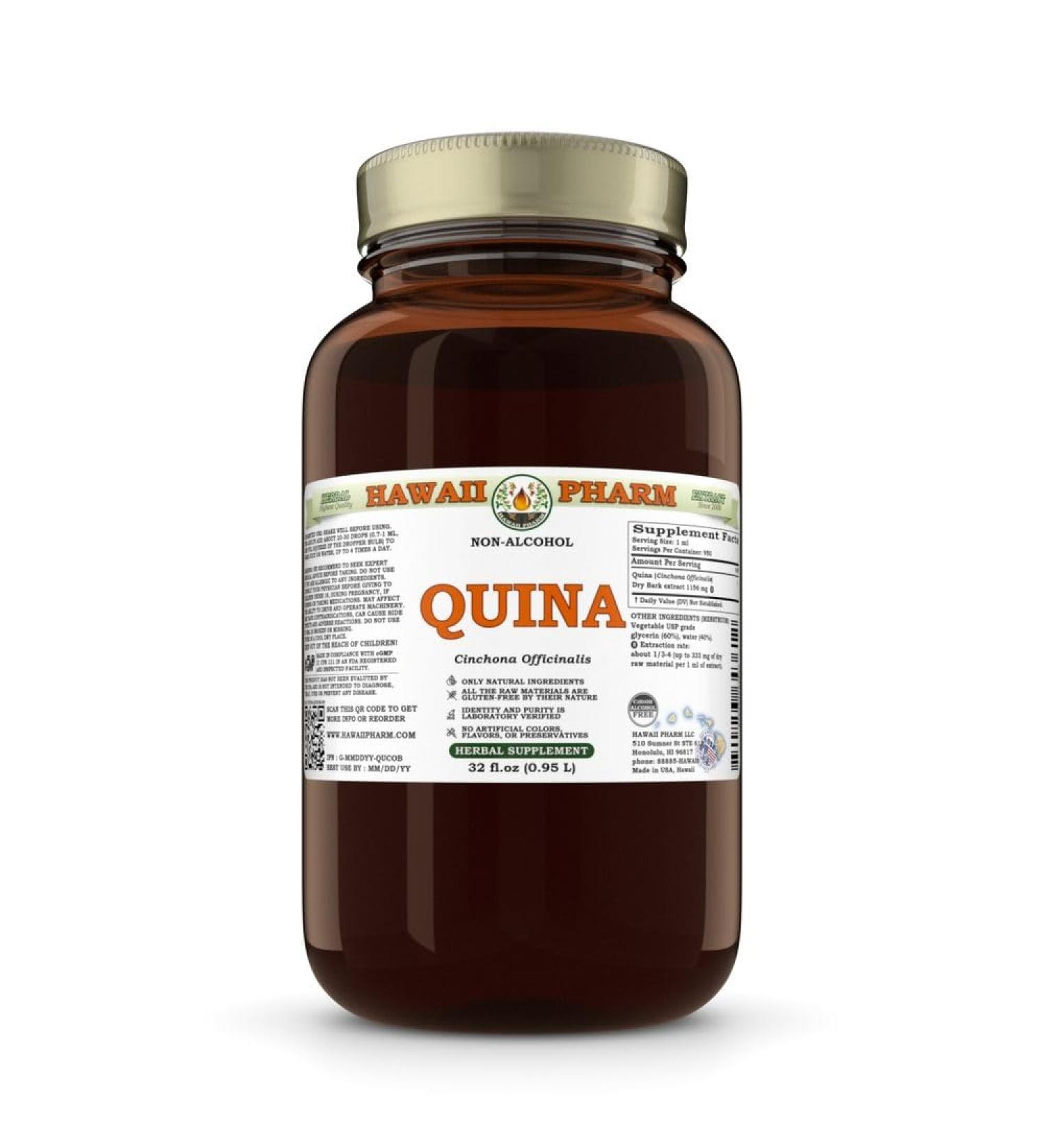 Quina (Cinchona Officinalis) Dry Bark Glycerite Made in Hawaii All Natural Vegan Lab Tested Alcohol-Free Liquid Extract - 32 fl.oz 32 Fl Oz (Pack of 1) - Buy Online on GoSupps.com