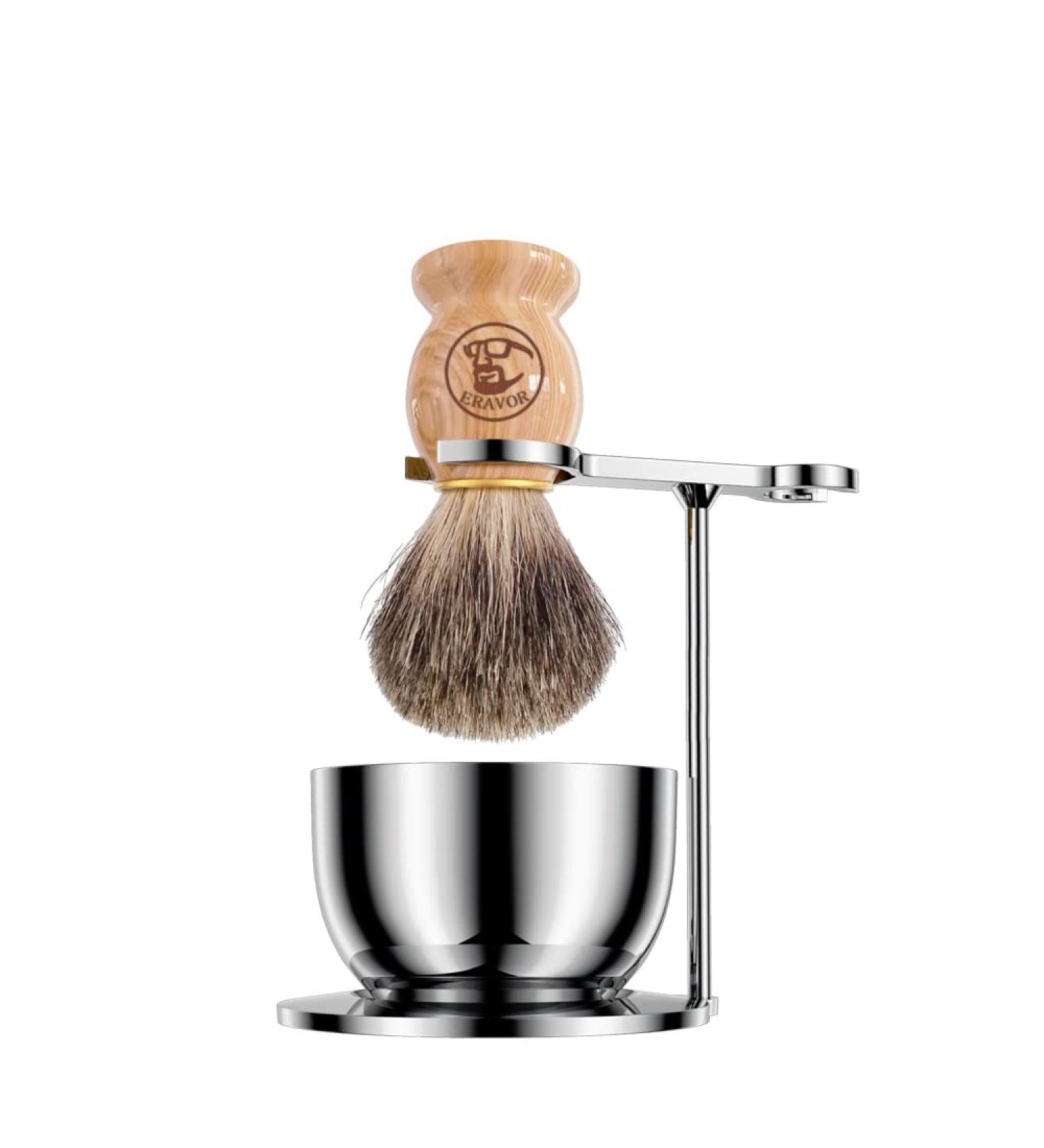 Eravor Luxurious 3-in-1 Stainless Steel Shaving Brush Set - Perfect Gift for Men Fathers & Husbands - Premium Synthetic Hair & Soap Shell - Buy Online on GoSupps.com