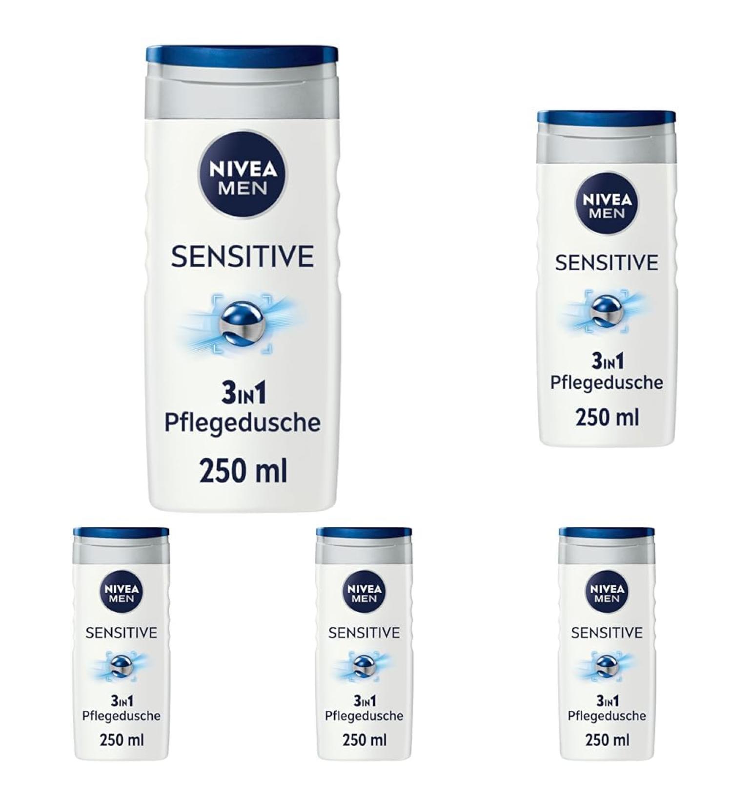 Nivea Men Sensitive Shower Gel 250ml - pH-Friendly Care for Body Face & Hair - Bamboo Extract - 5-Pack - New Version - Buy Online on GoSupps.com