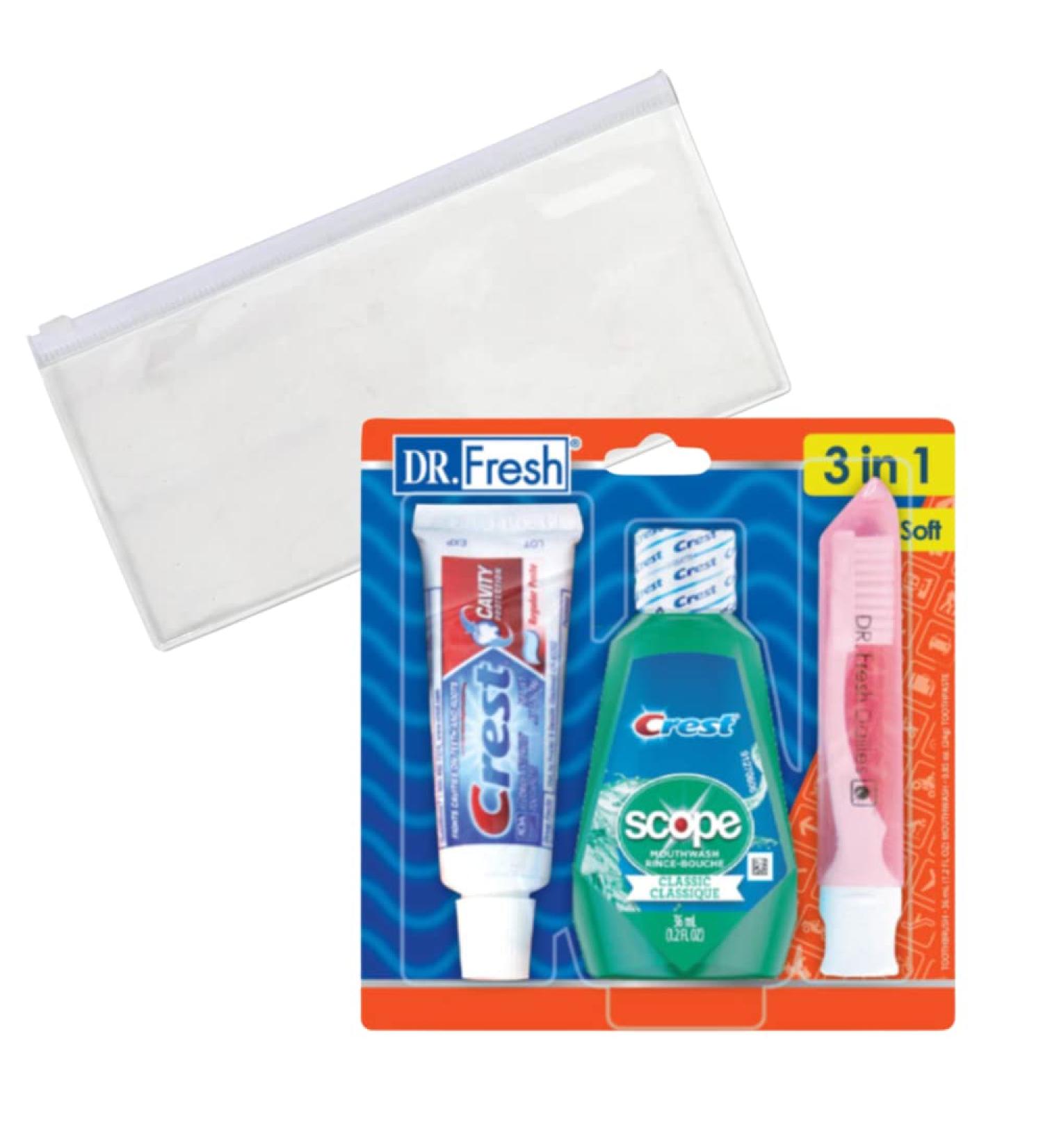 CHEVAUX Bundle of Dr Fresh Travel Toothbrush Kit with Mini Toothbrush  Toothpaste  and Mouthwash - Airport Friendly Travel Size Toothbrush Kit for Oral Care On-The-Go with Travel Zipper Pouch