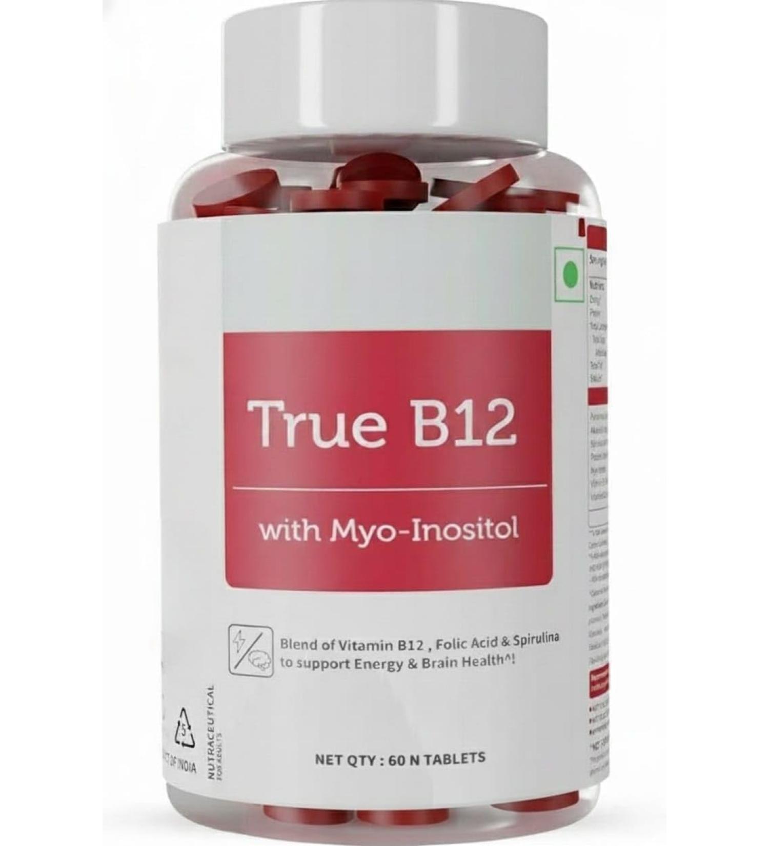 Plant-Based True B12 Supplements for Men & Women Folic Acid & Spirulina | Supports Energy Better Absorption (60 Tablets) - Buy Online on GoSupps.com