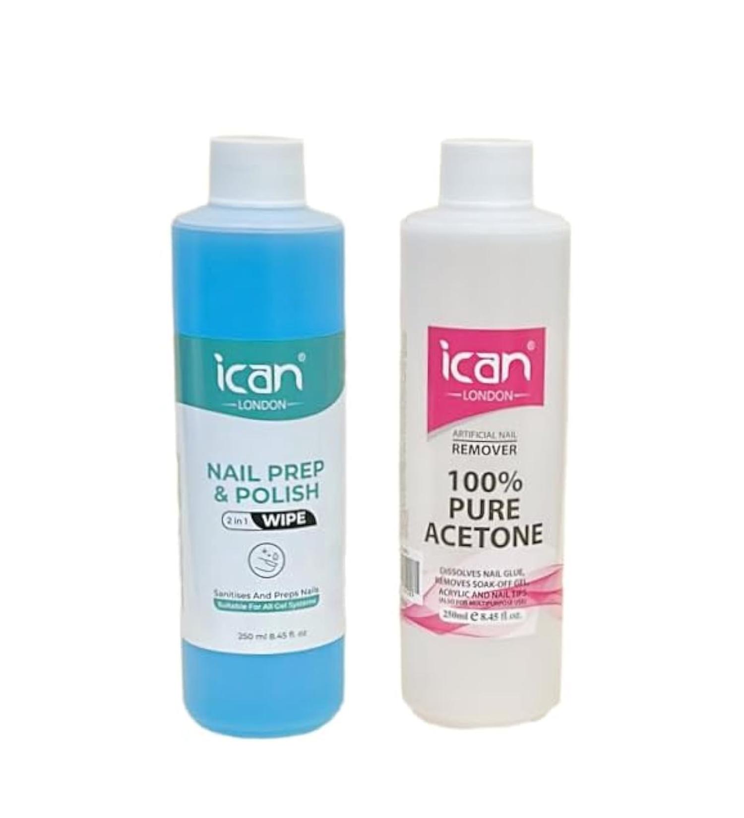ican London Nail Gel Polish Prep Wipe 250ml + Pure Acetone Nail Polish Remover UV GEL Soak Off 250ml Combo Sets