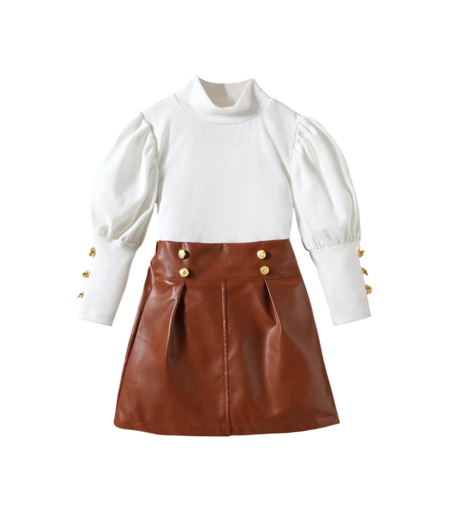 Miipat Baby Girl Fall Winter Outfit Set | Long Sleeve Pullover Top with Mini Skirt | Girls Dress 5-6 Years | WhiteBrown - Buy Online on GoSupps.com