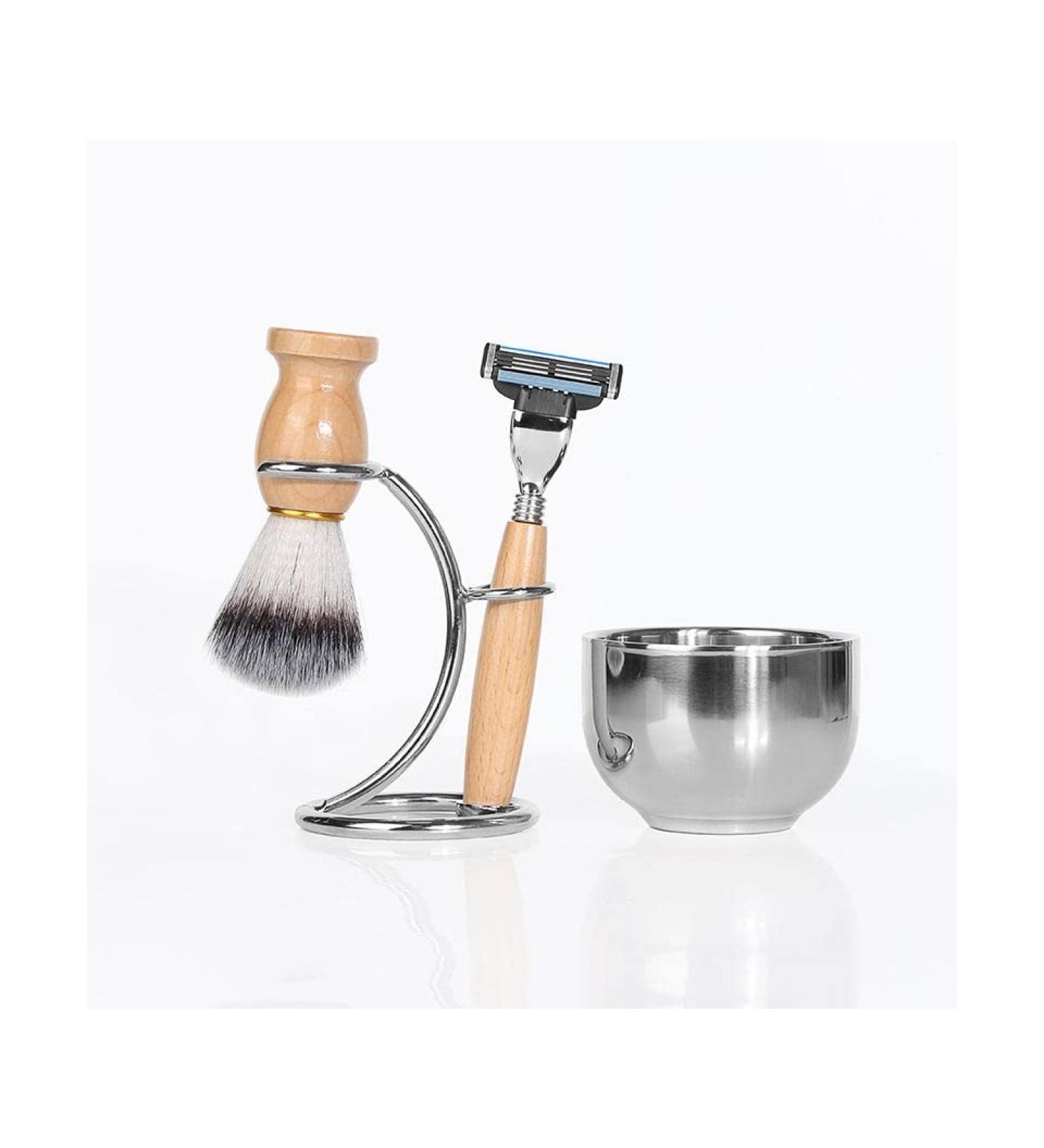 NSNT Exquisit Men's Shaving Brush Set - 4-Piece Professional Beard & Mustache Tool Kit | Silver 8.5x11cm - Buy Online on GoSupps.com