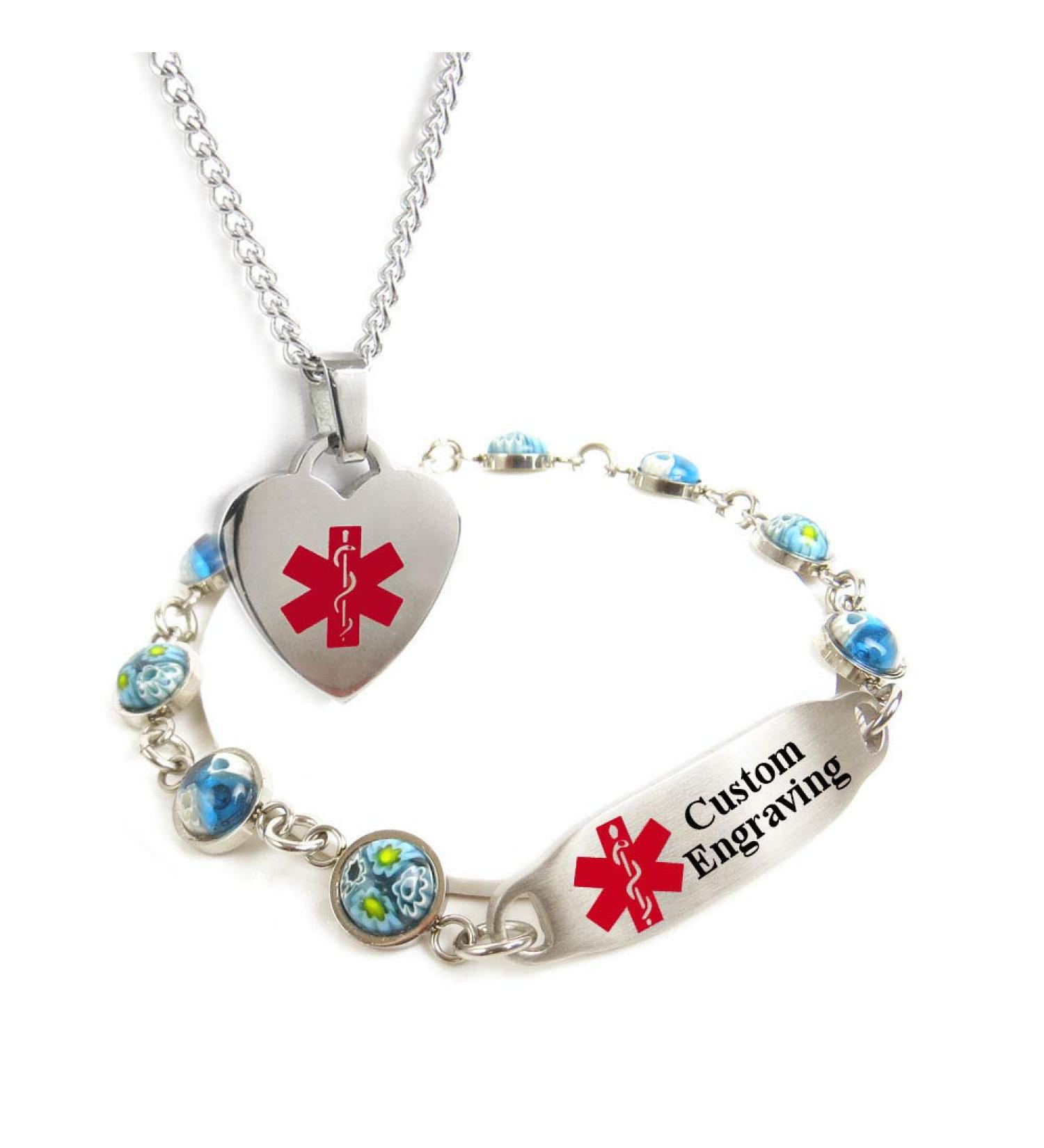 Custom Engraved Medical Alert Bracelet & Heart Necklace for Women - Stainless Steel Blue Glass 5" Wrist Size - Unique Medical Jewelry - Buy Online on GoSupps.com